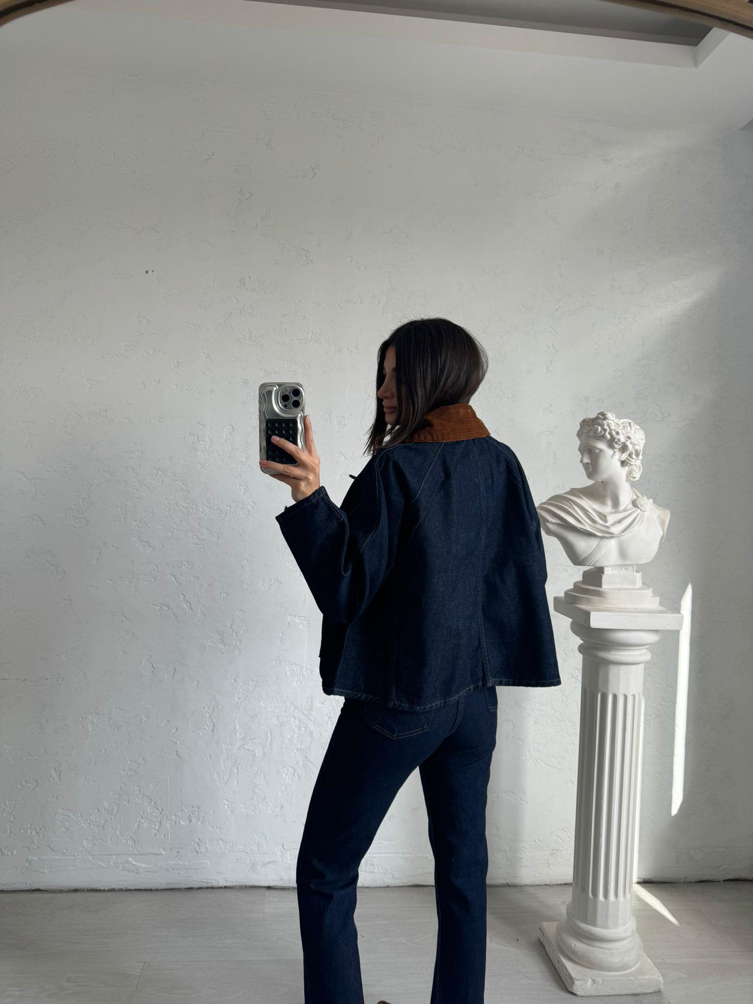 Lacivert Premium Kadife Yaka Denim Ceket