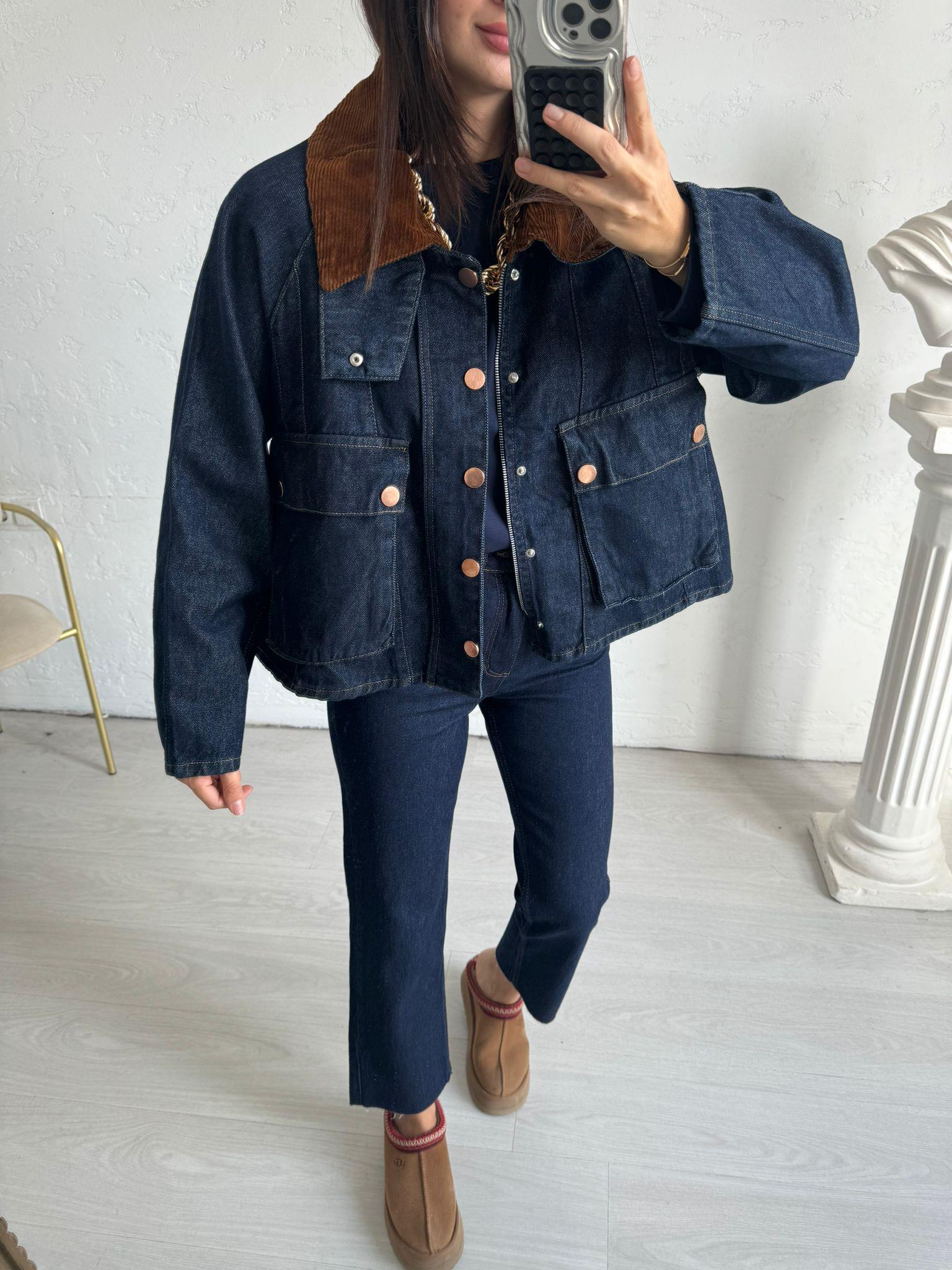 Lacivert Premium Kadife Yaka Denim Ceket