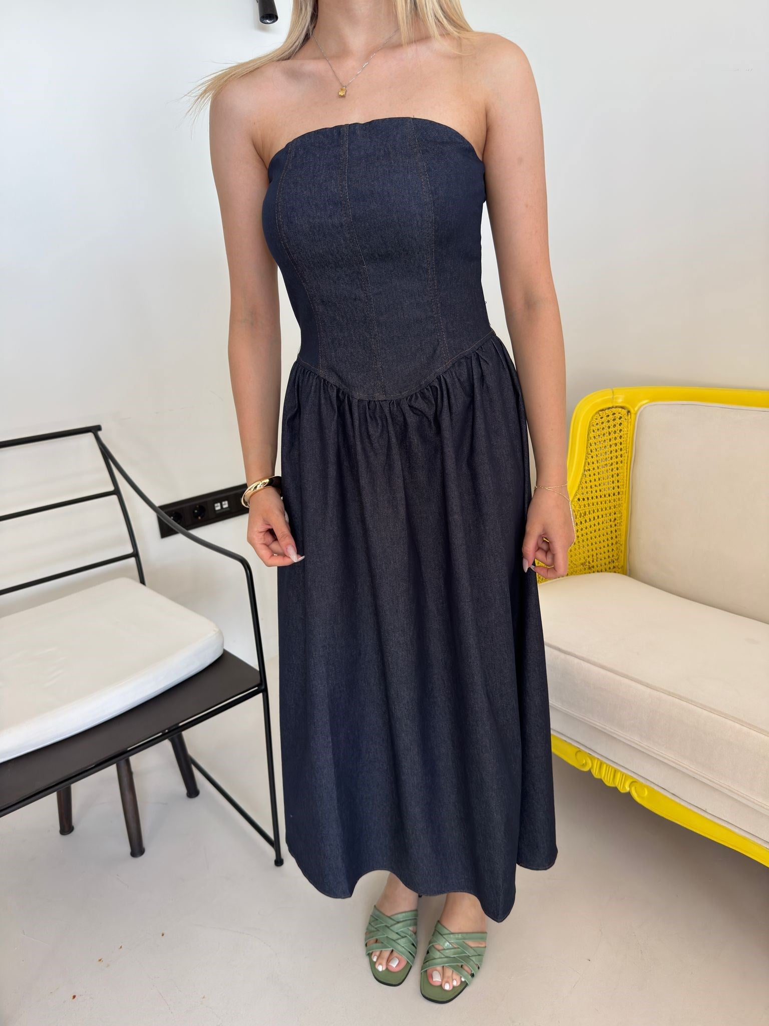 Lacivert Straplez Denim Elbise