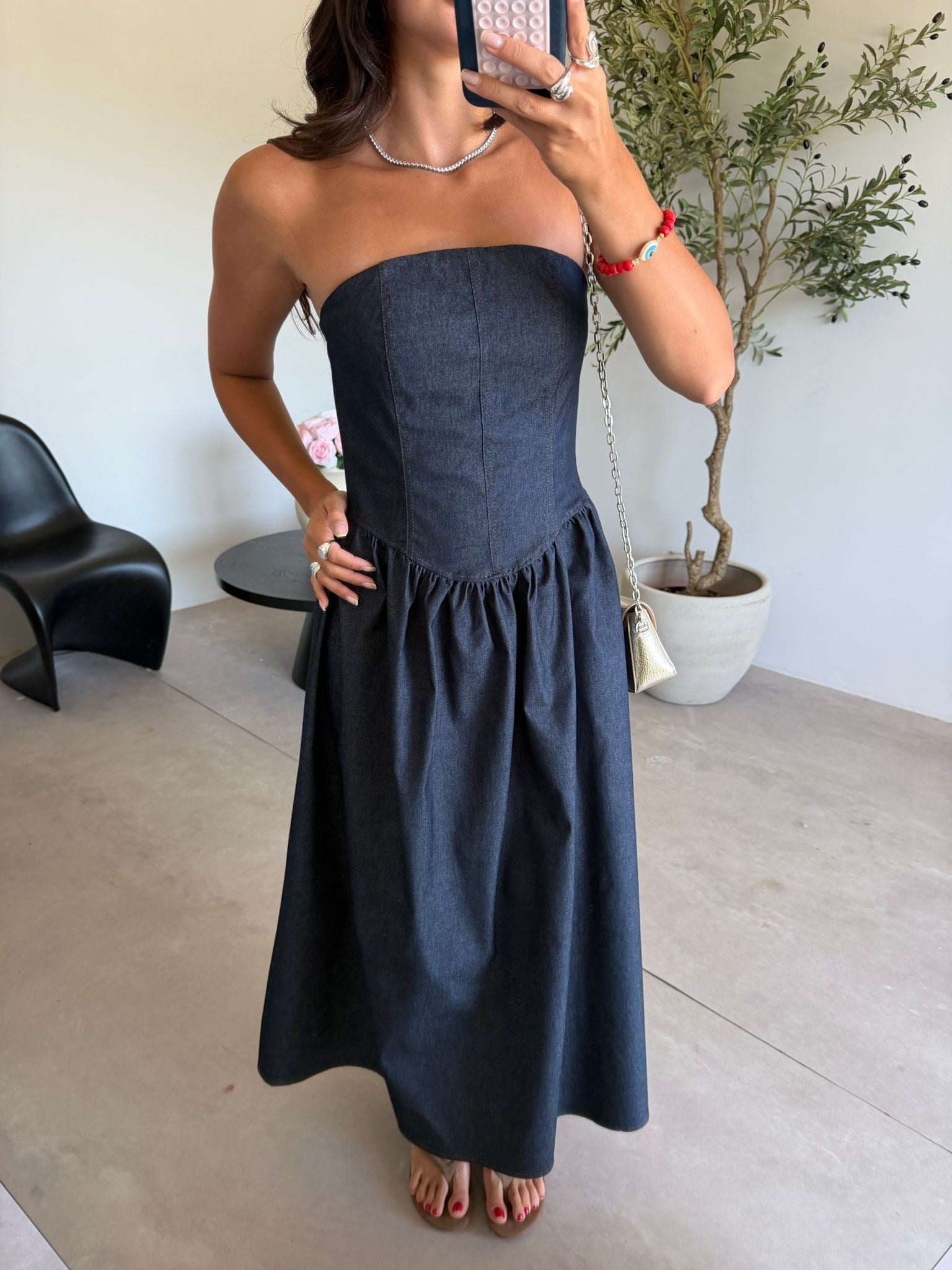 Lacivert Straplez Denim Elbise