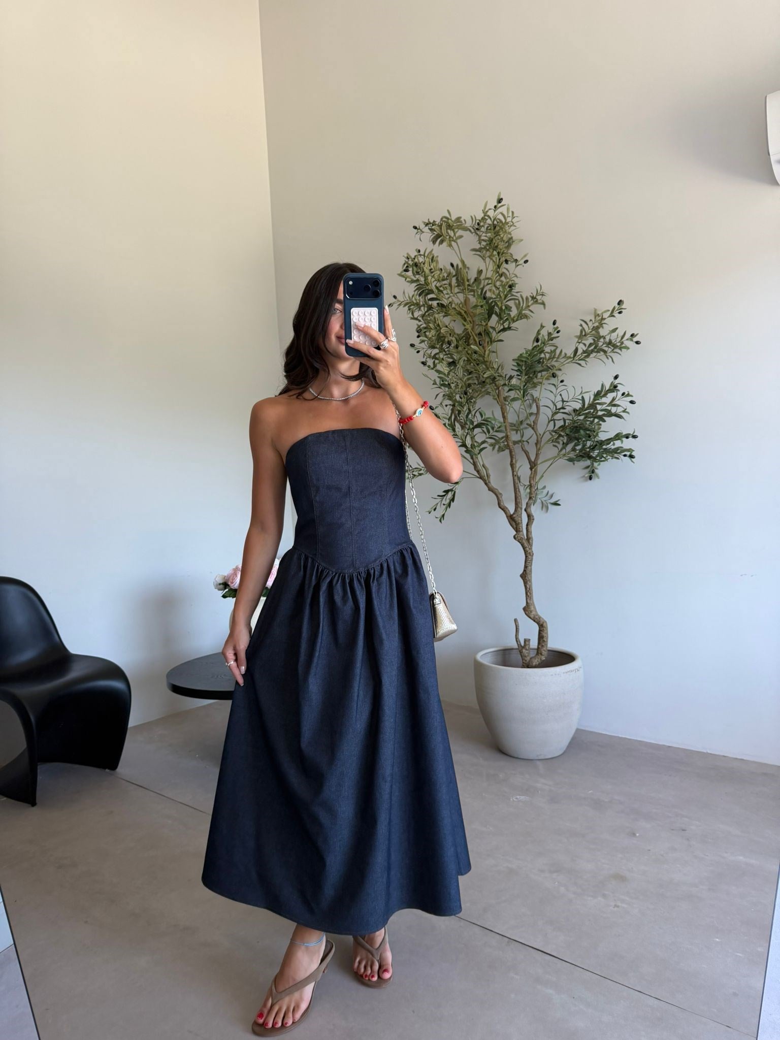 Lacivert Straplez Denim Elbise