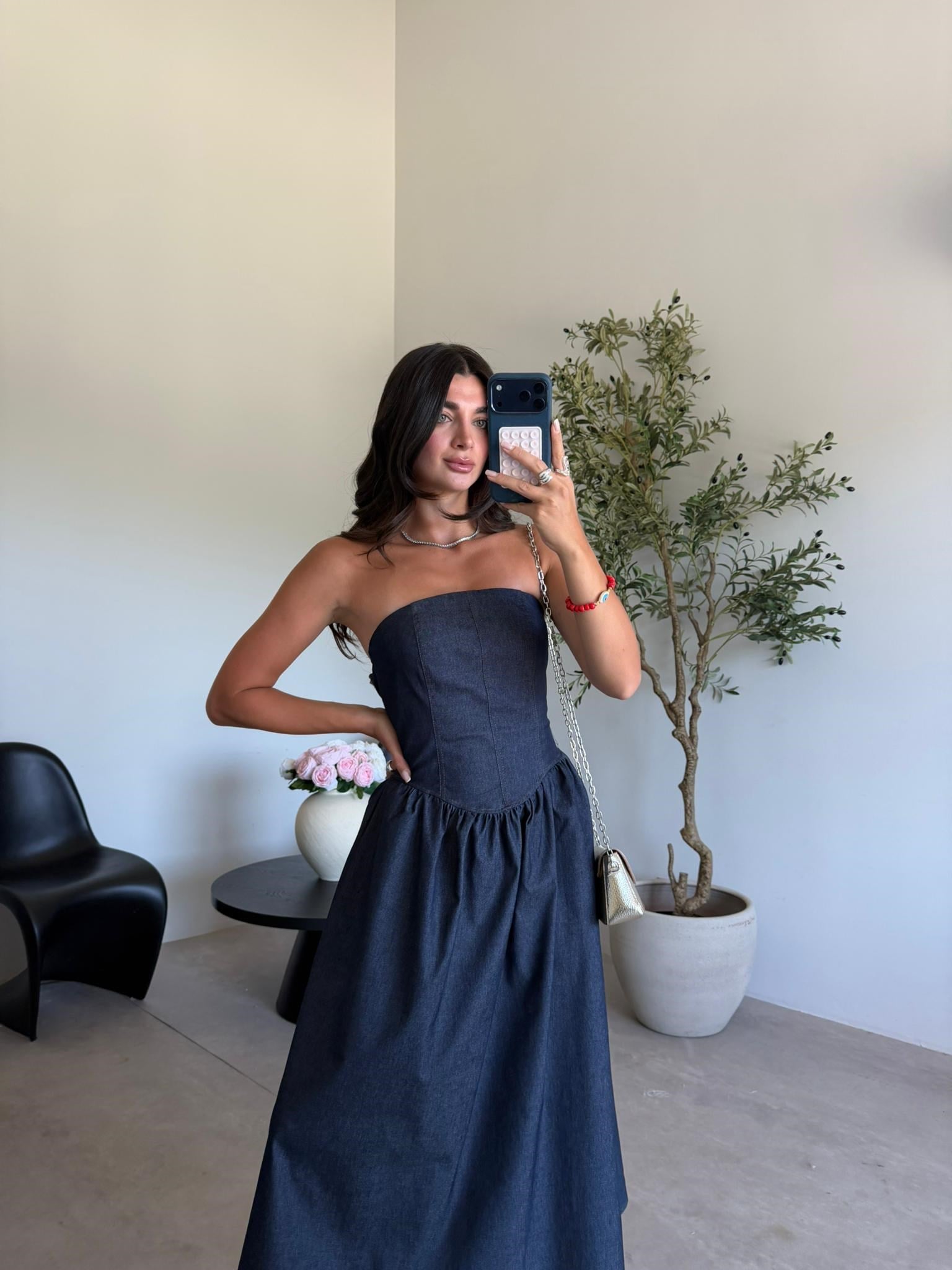 Lacivert Straplez Denim Elbise