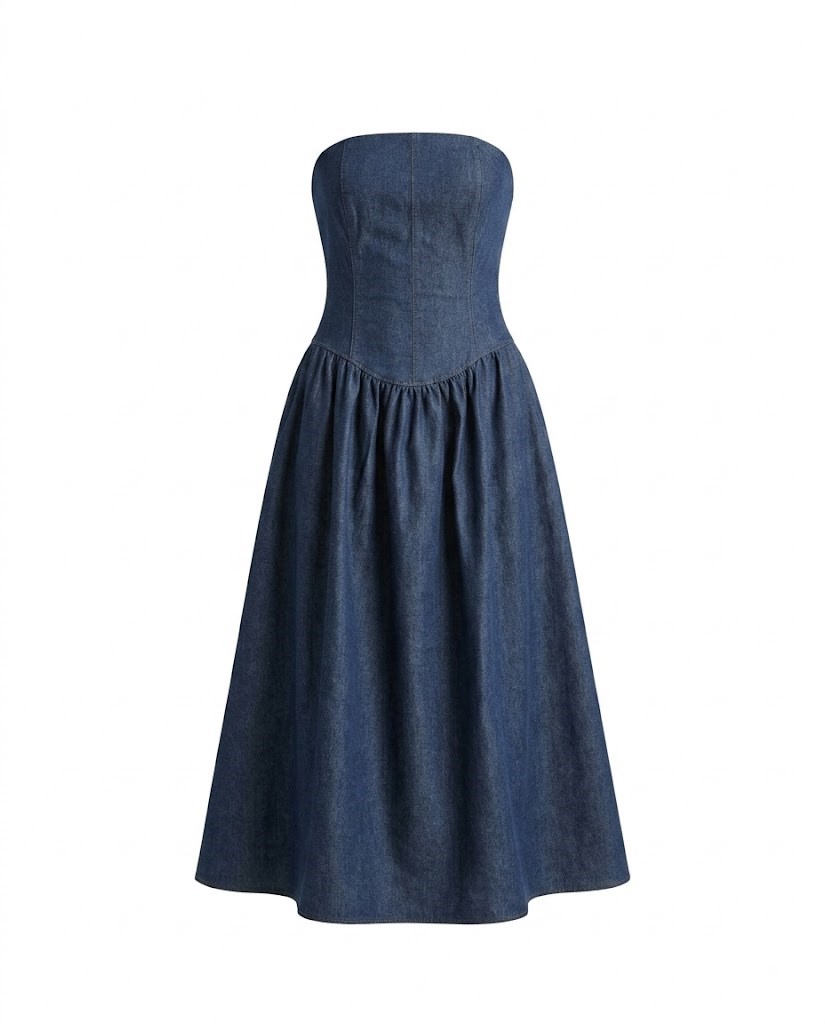 Lacivert Straplez Denim Elbise