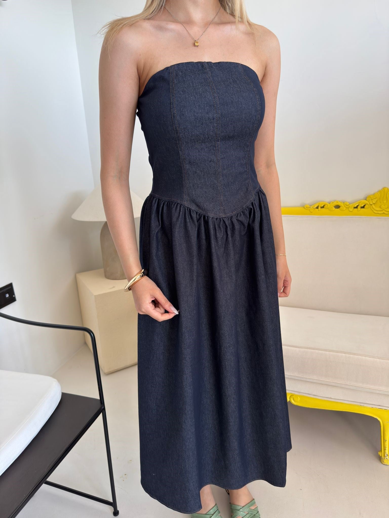 Lacivert Straplez Denim Elbise