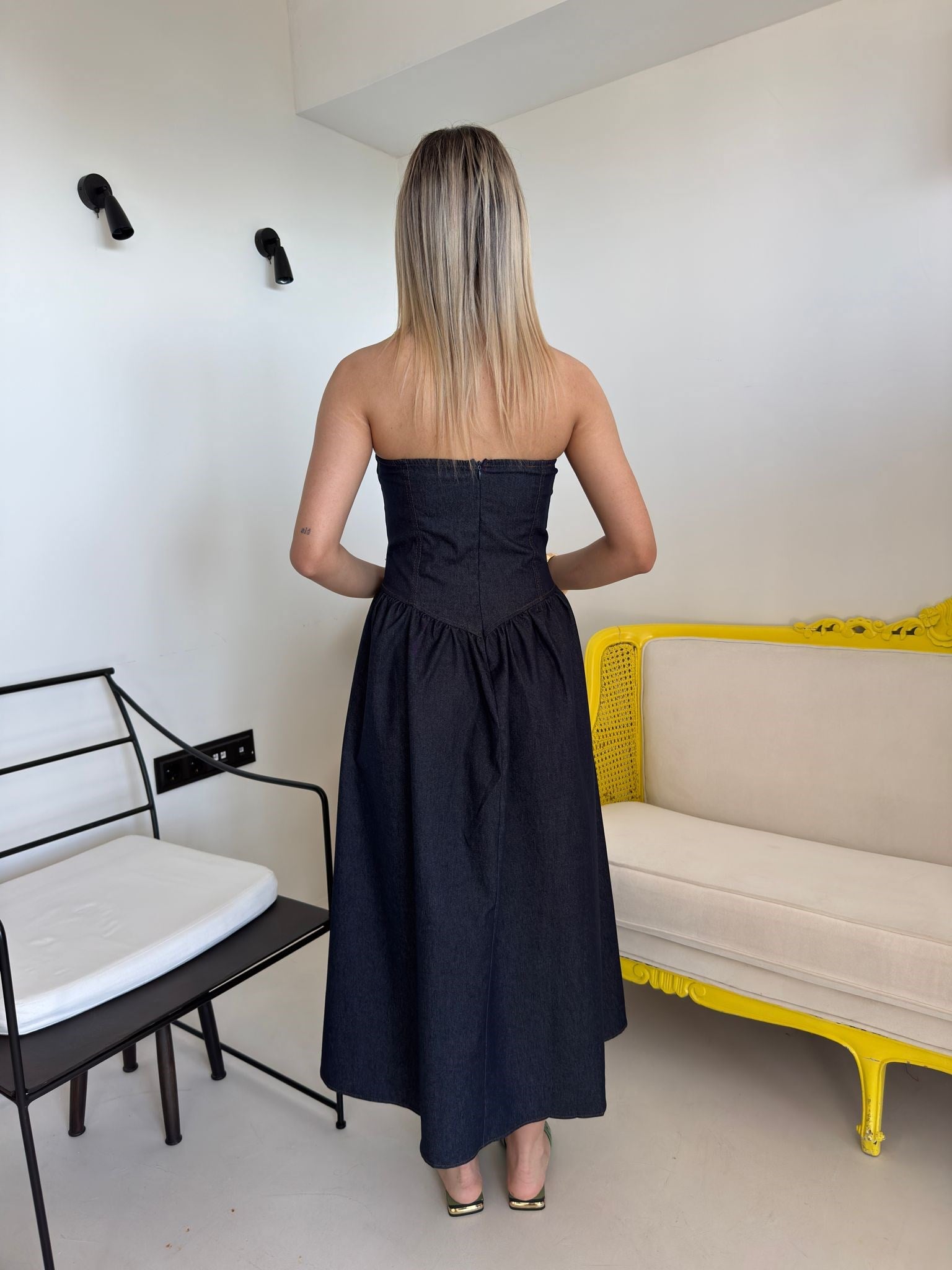 Lacivert Straplez Denim Elbise