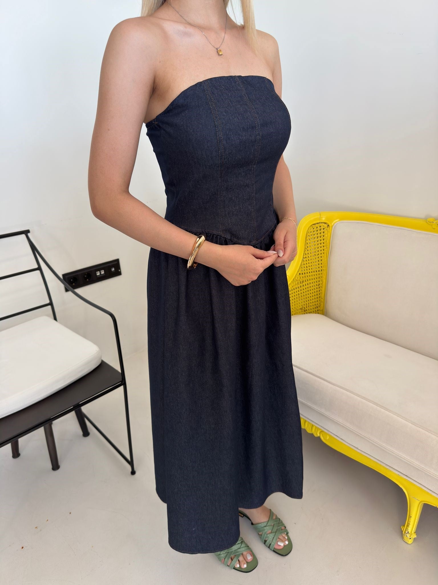 Lacivert Straplez Denim Elbise