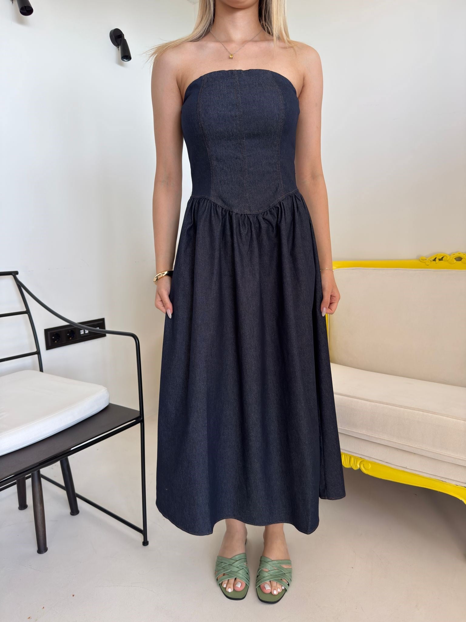 Lacivert Straplez Denim Elbise