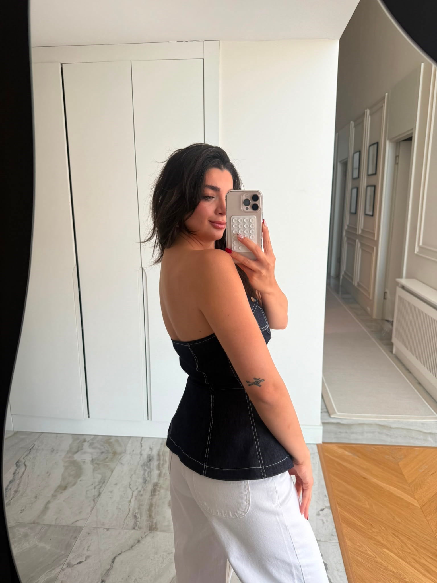 Lacivert Straplez Fermuarlı Denim Bluz