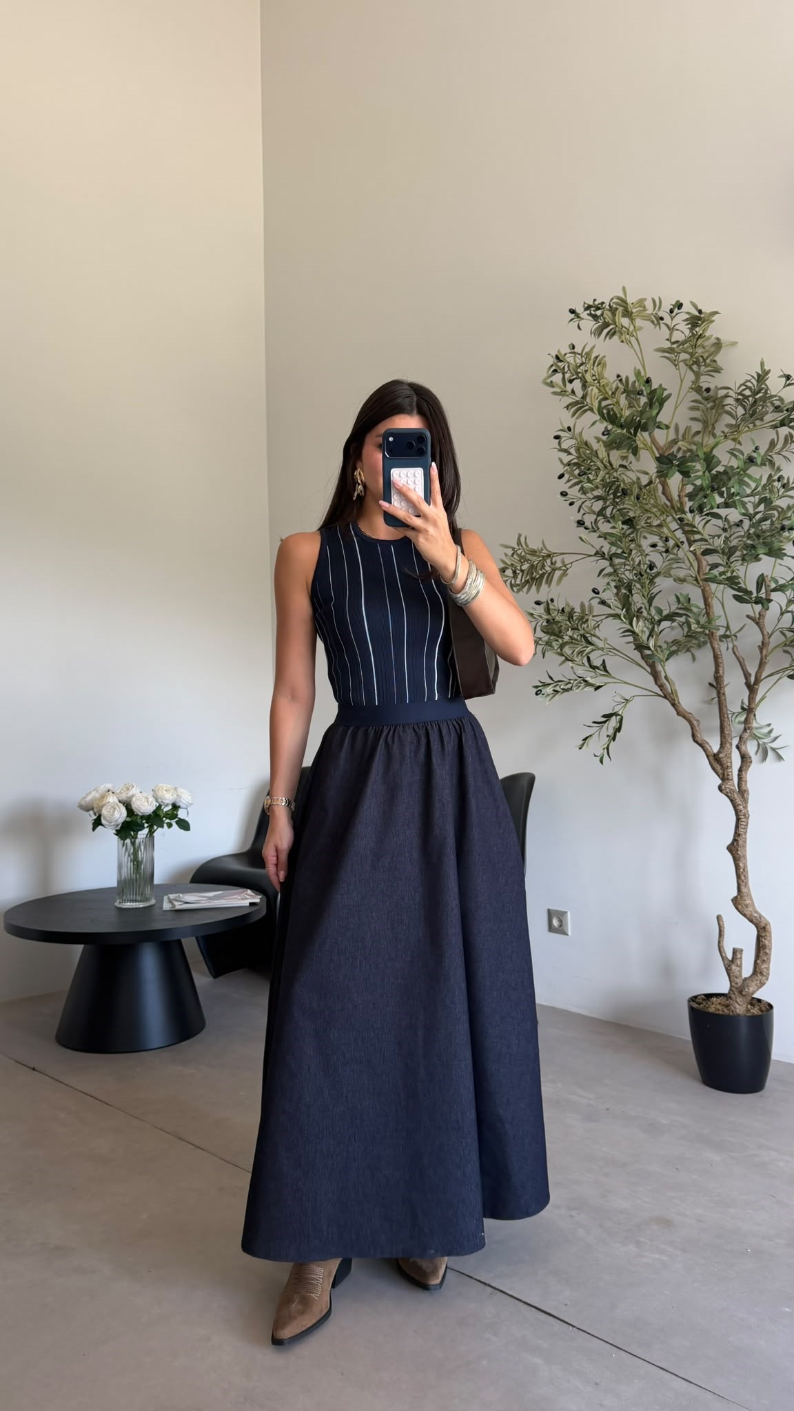 Lacivert Triko Detaylı Denim Elbise