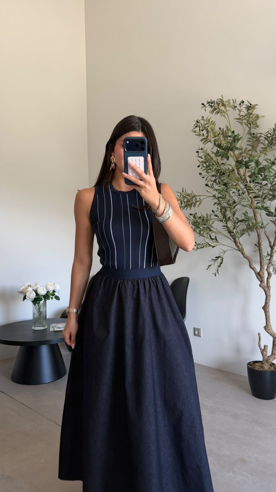 Lacivert Triko Detaylı Denim Elbise