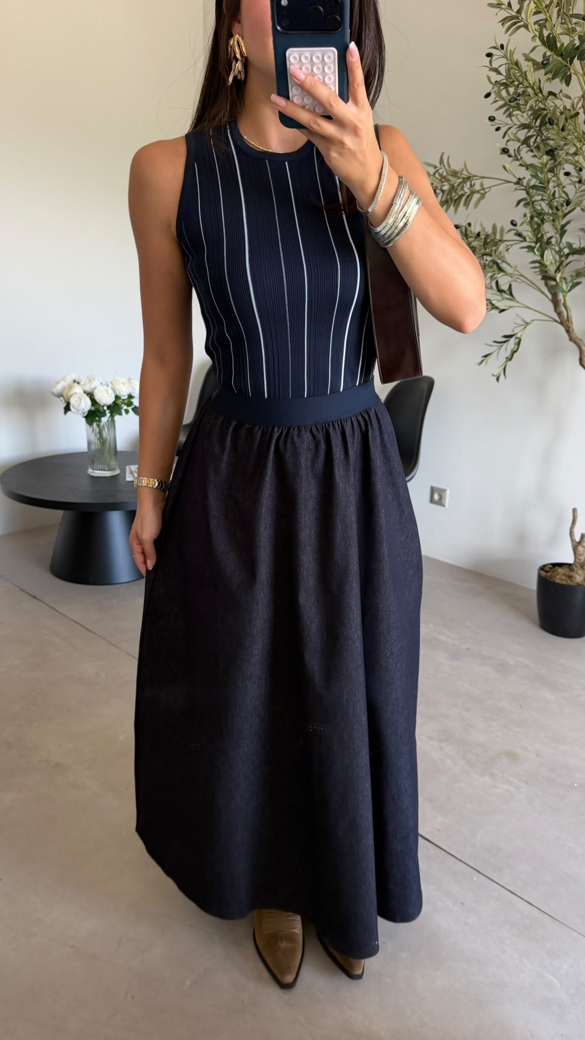 Lacivert Triko Detaylı Denim Elbise
