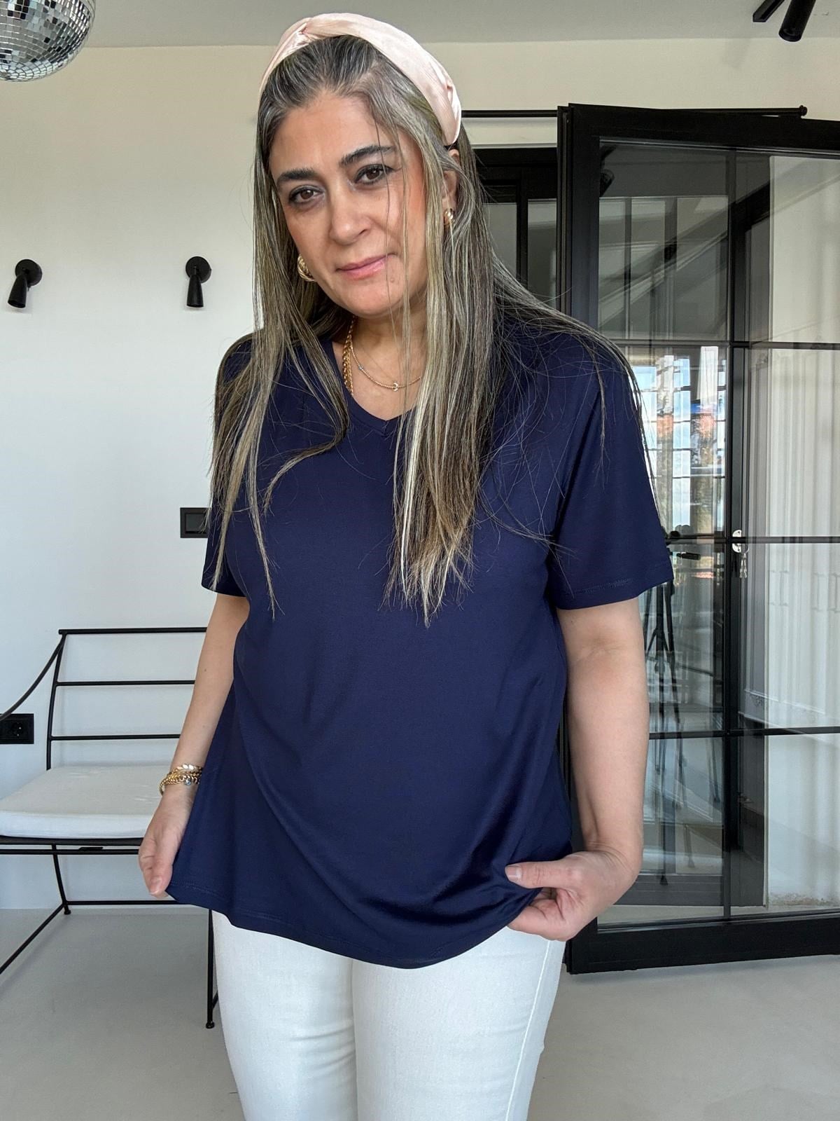 Lacivert V Yaka Likralı Big Size Tişört