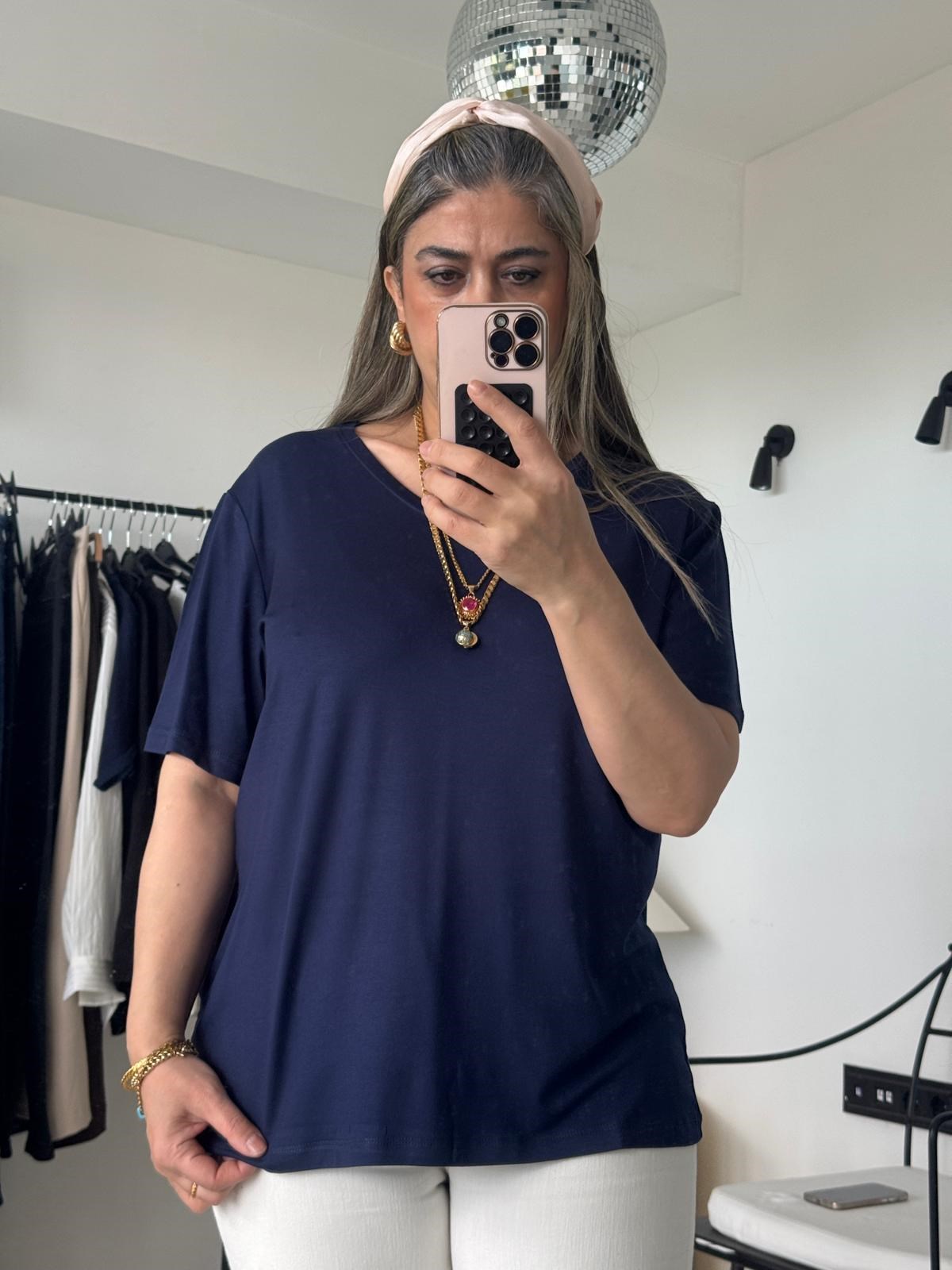 Lacivert V Yaka Likralı Big Size Tişört