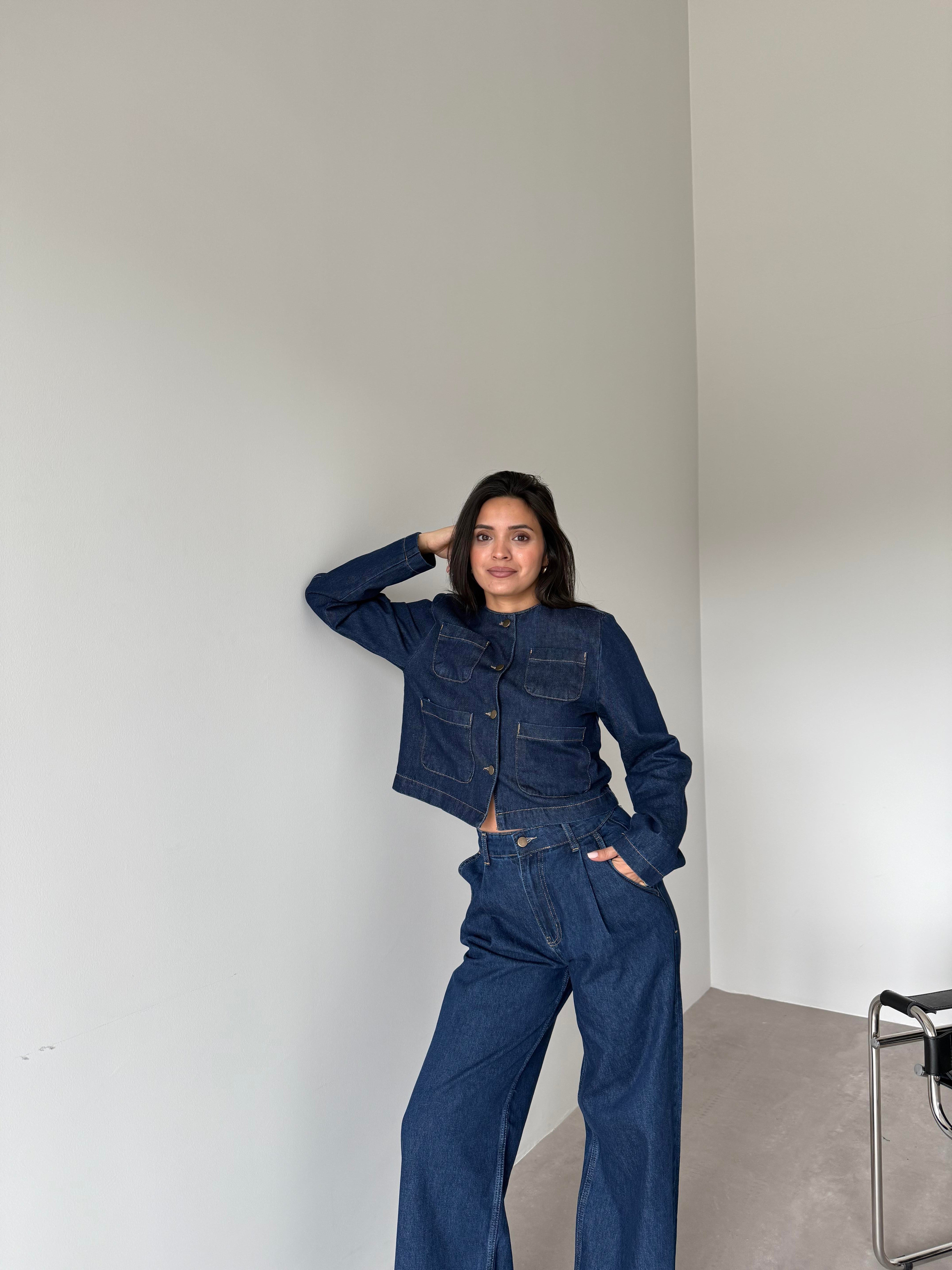 Lacivert Vatkalı Cep Detaylı Denim Takım