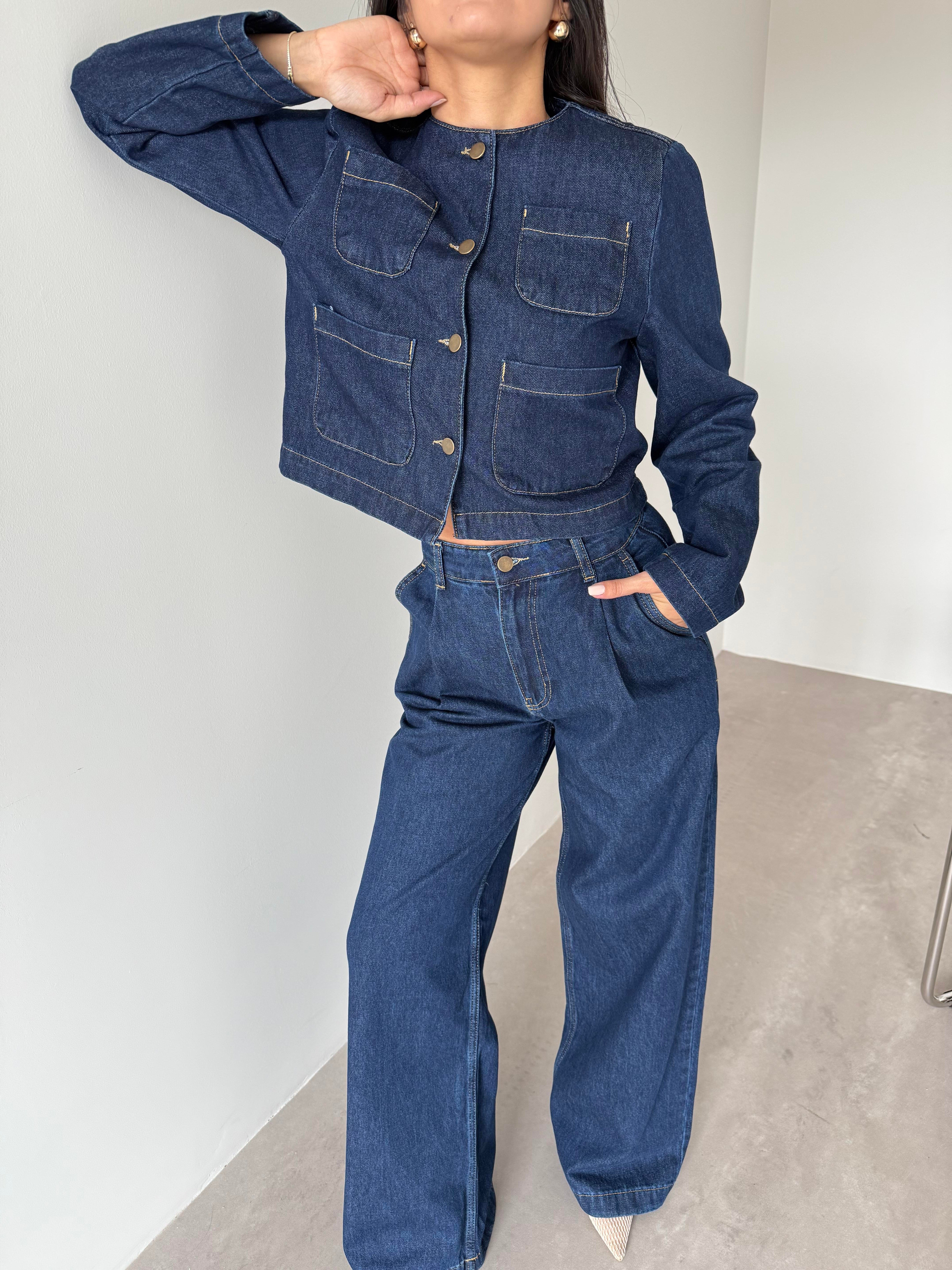 Lacivert Vatkalı Cep Detaylı Denim Takım