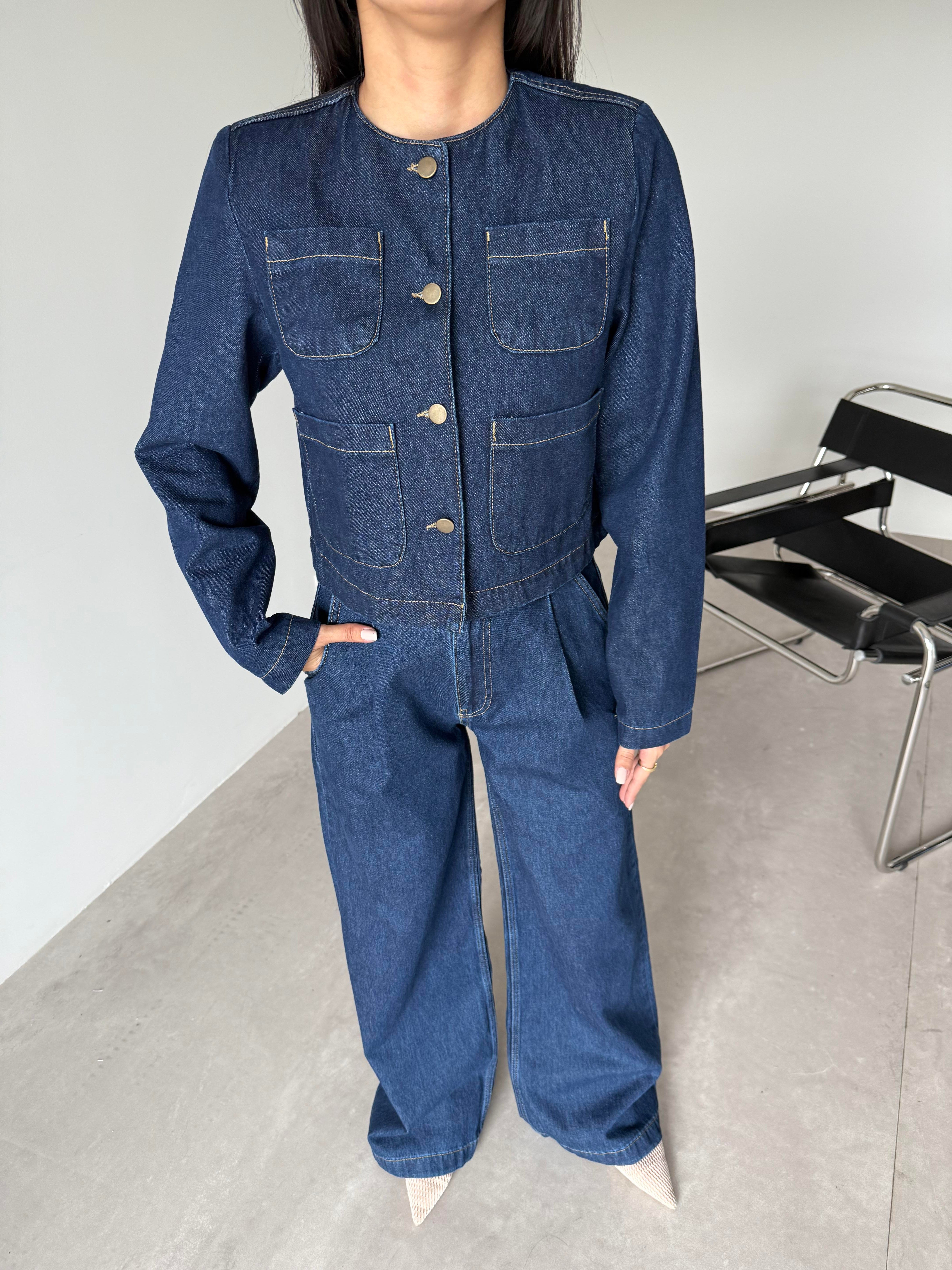 Lacivert Vatkalı Cep Detaylı Denim Takım