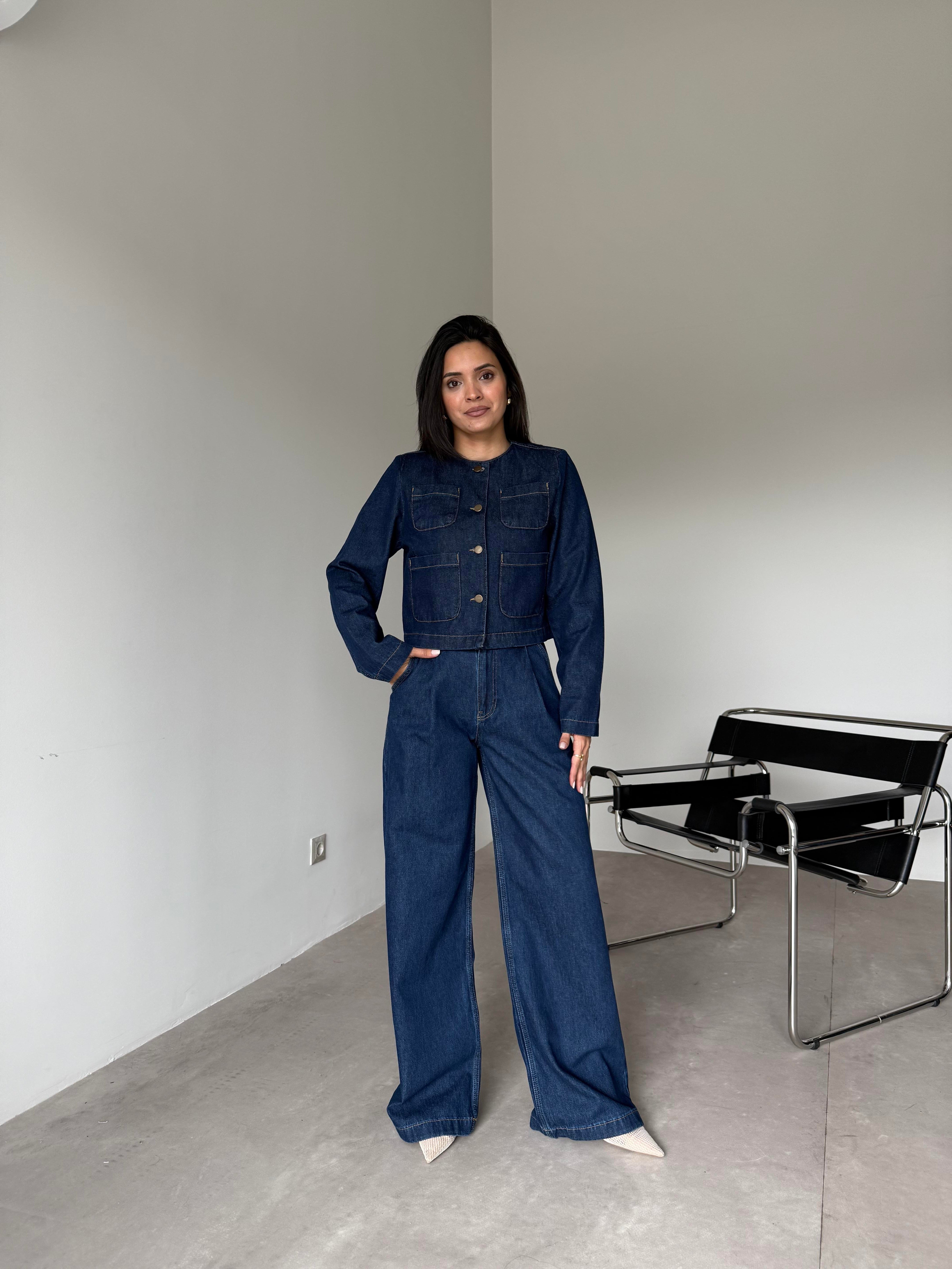 Lacivert Vatkalı Cep Detaylı Denim Takım