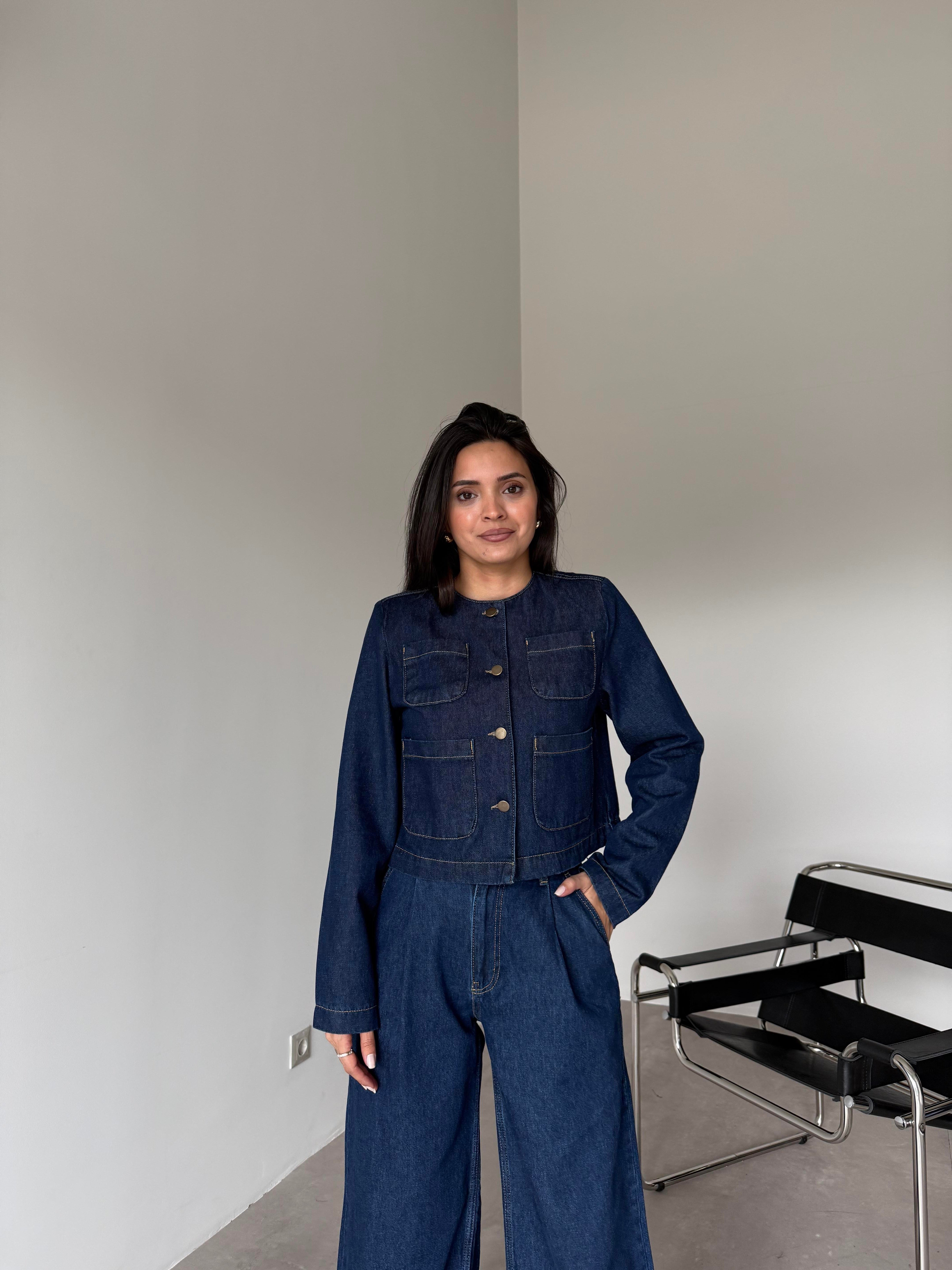 Lacivert Vatkalı Cep Detaylı Denim Takım