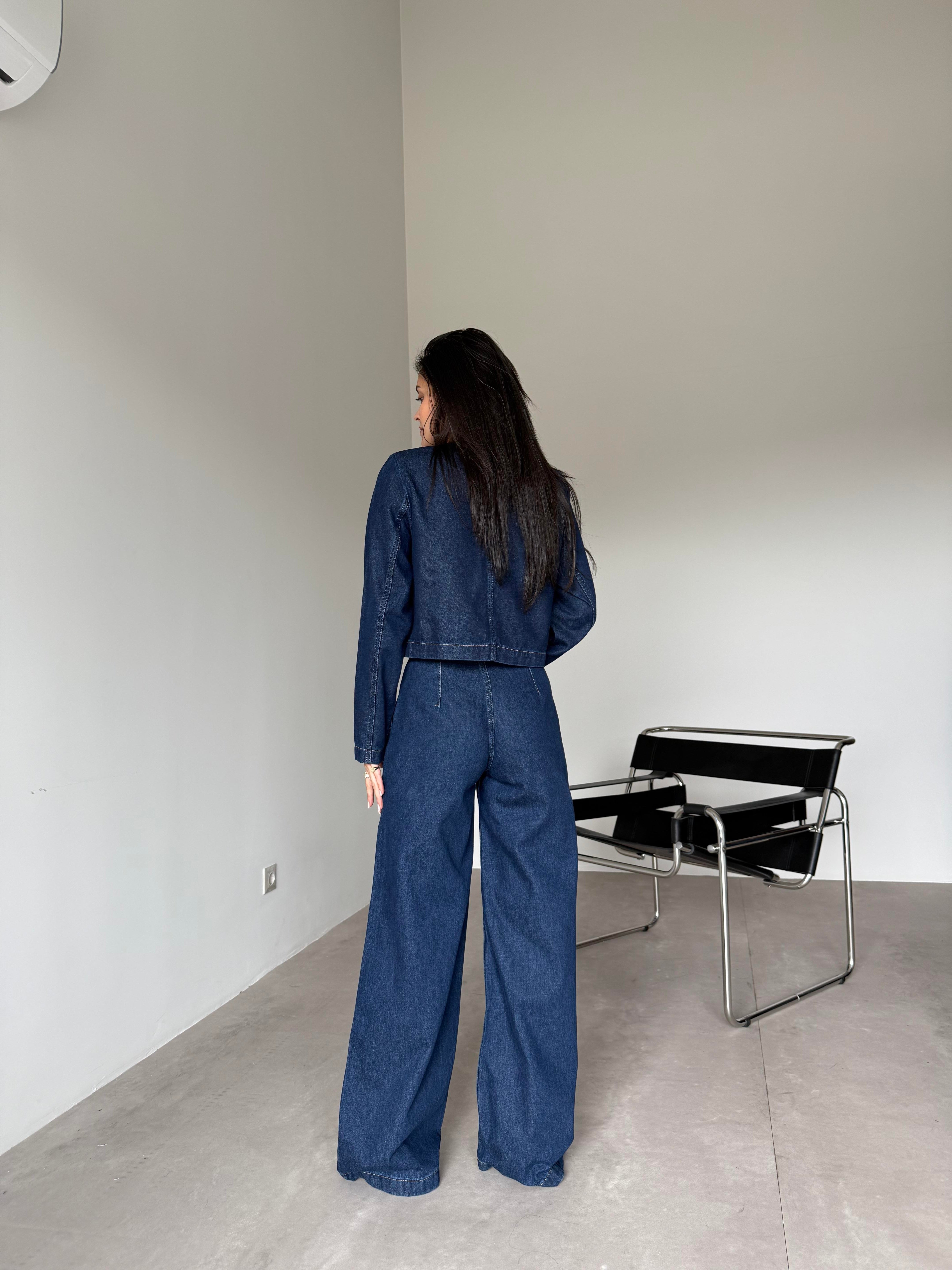 Lacivert Vatkalı Cep Detaylı Denim Takım