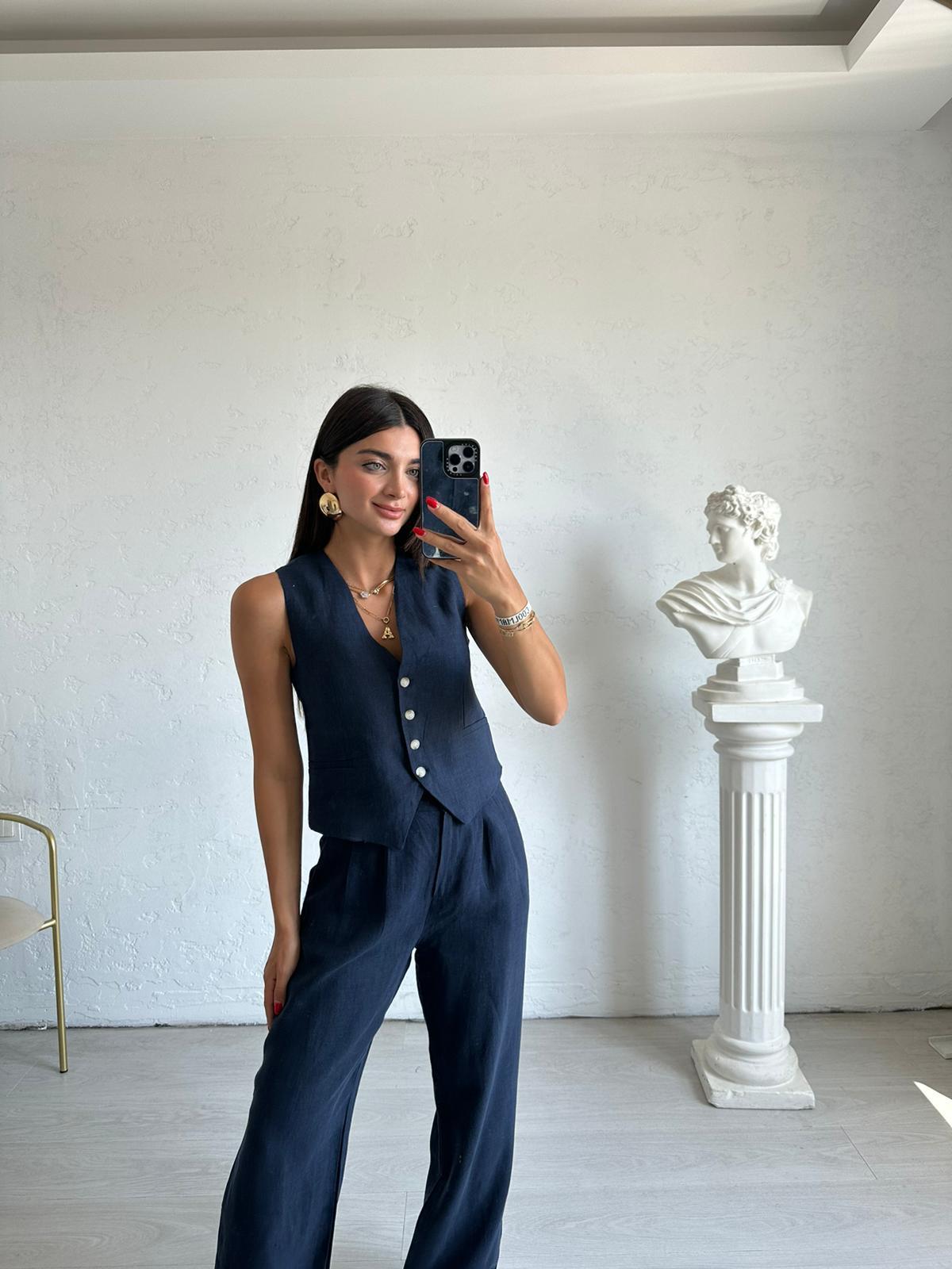 Lacivert Yelekli Keten Palazzo Takım