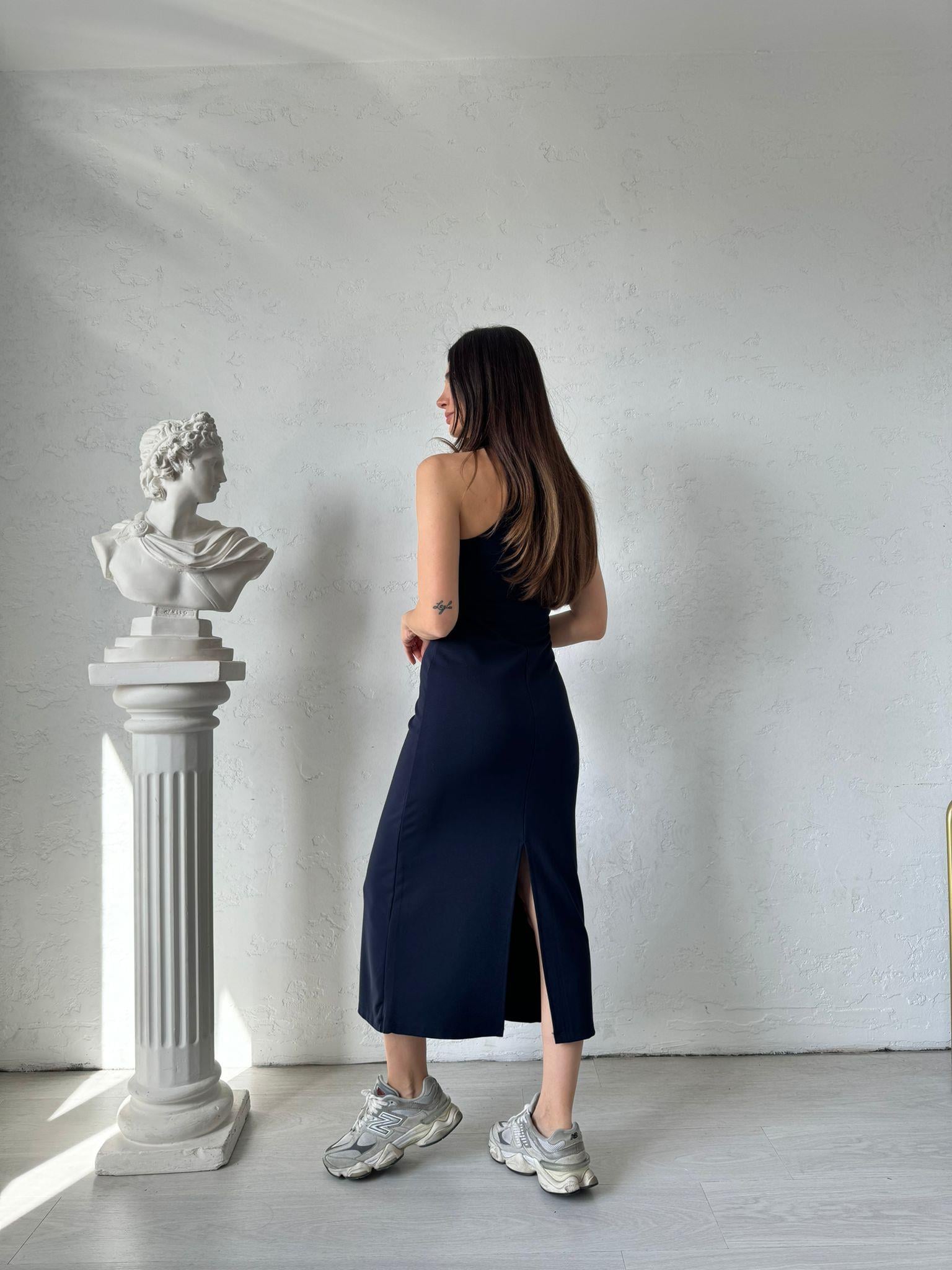 Lacivert Yırtmaçlı Basic Elbise