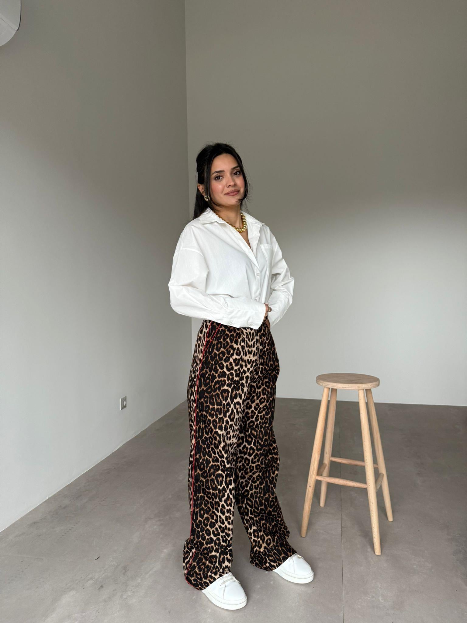 Leopar Desenli Kırmızı Biyeli Palazzo Pantolon