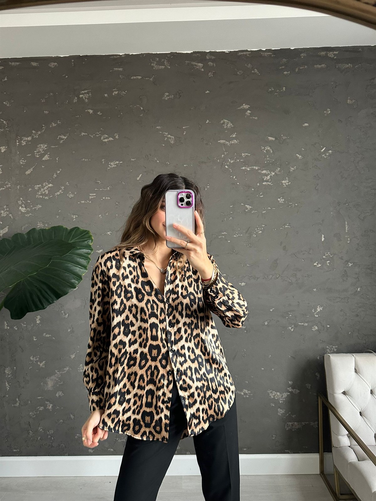 Leopar Desenli Saten Gömlek