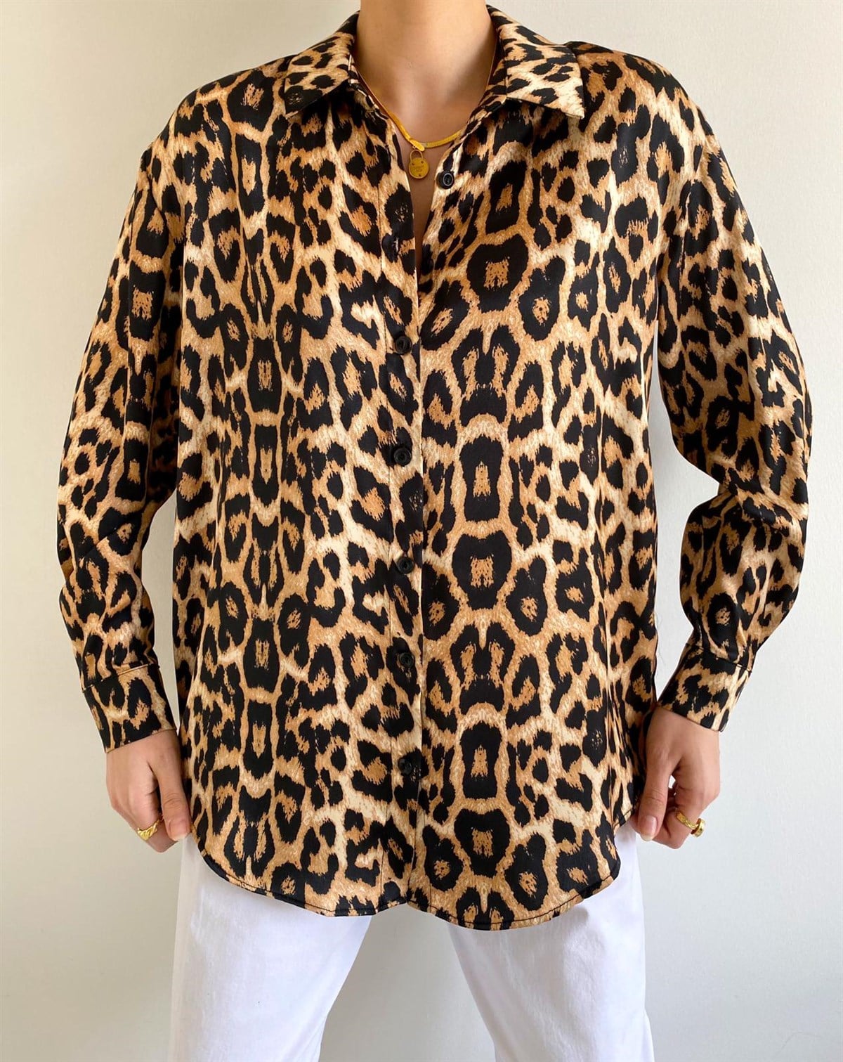 Leopar Desenli Saten Gömlek