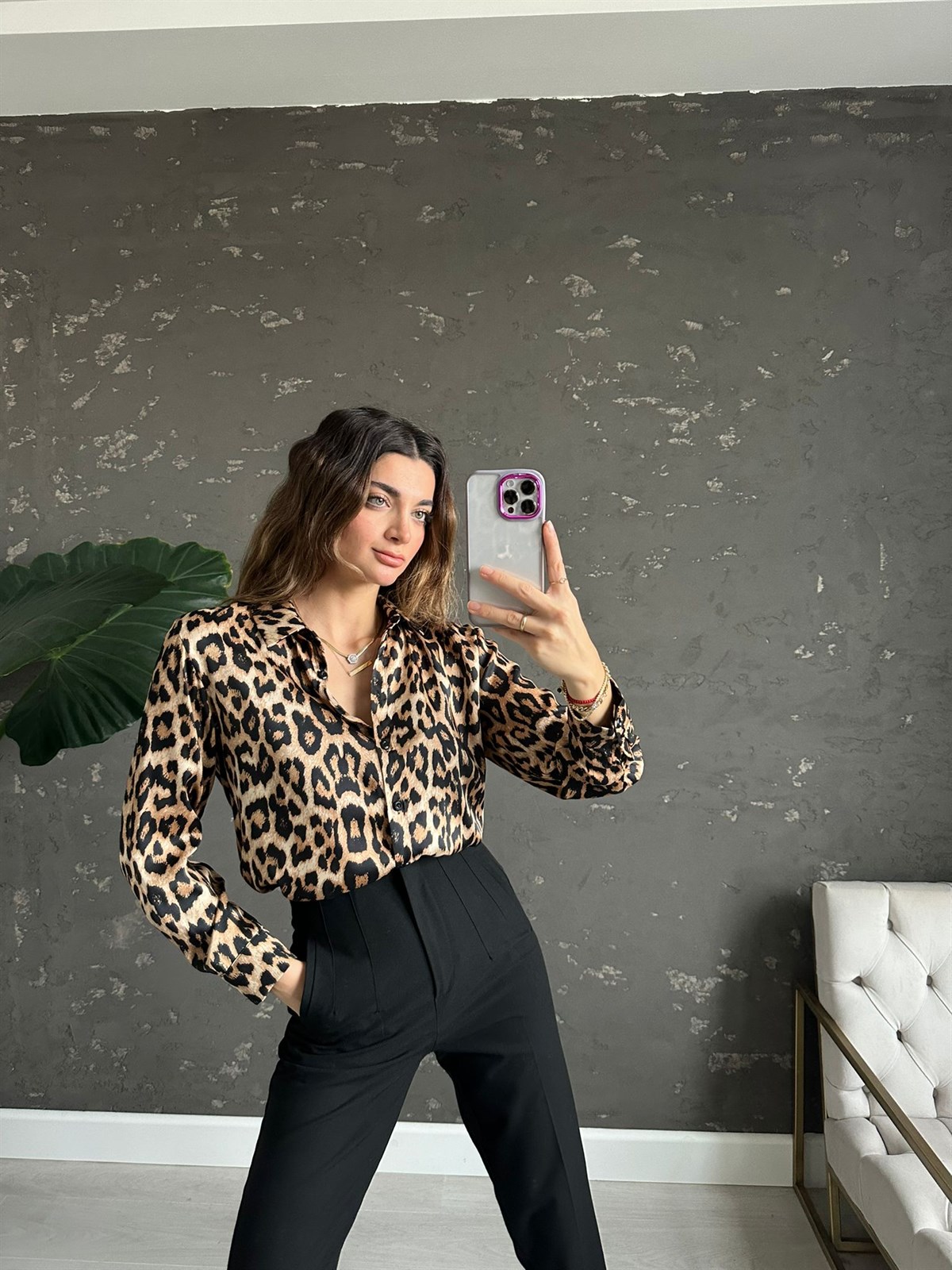 Leopar Desenli Saten Gömlek