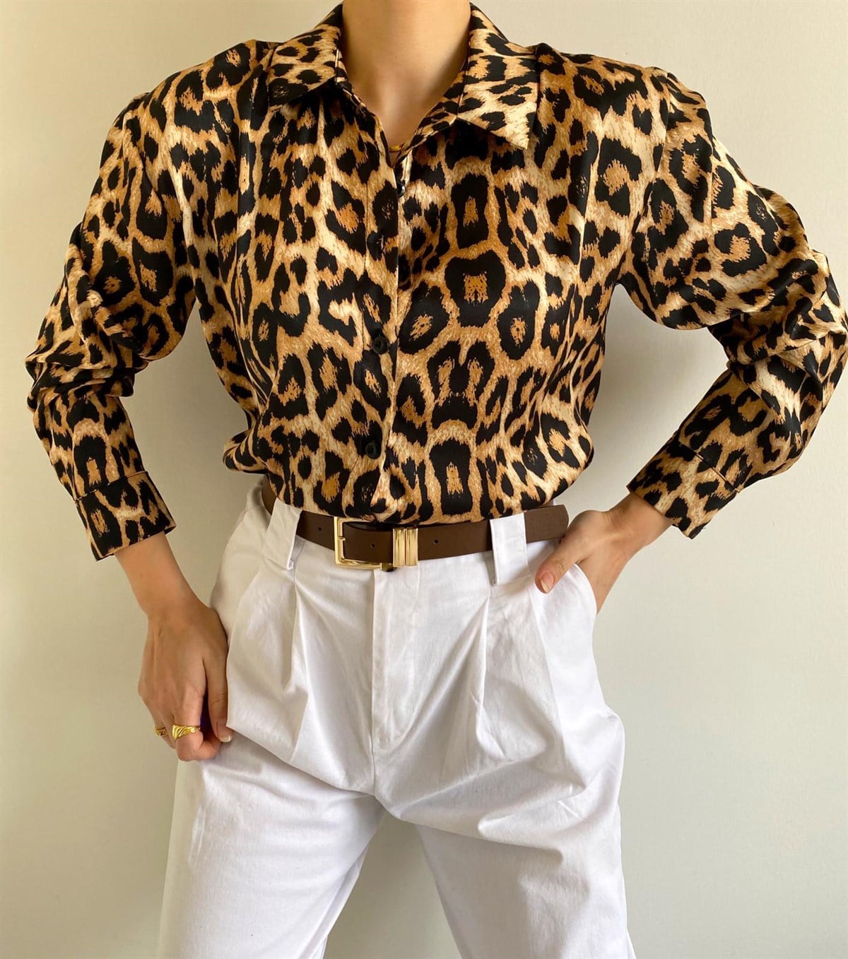 Leopar Desenli Saten Gömlek
