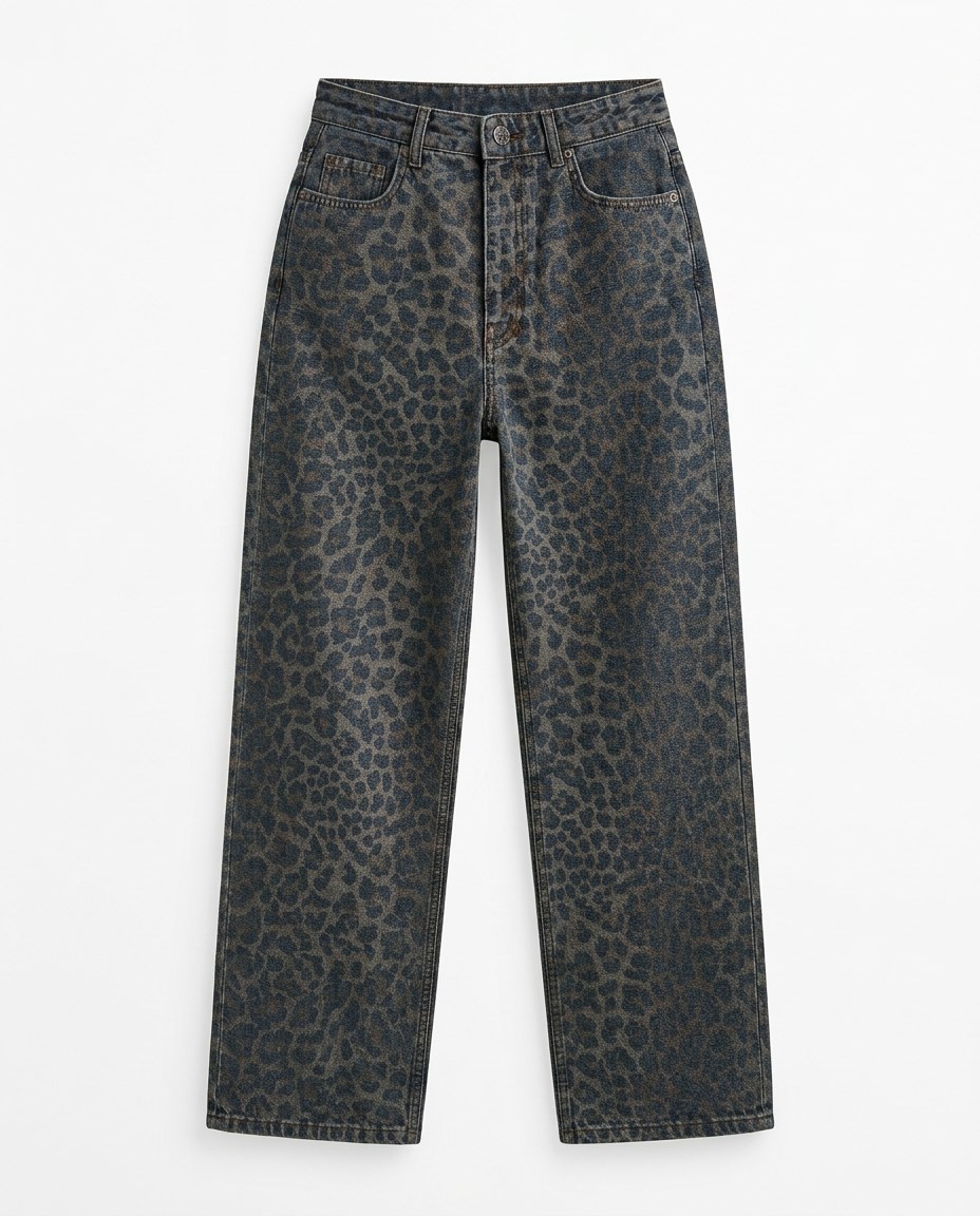 Leopar Desenli Yıkamalı Jean