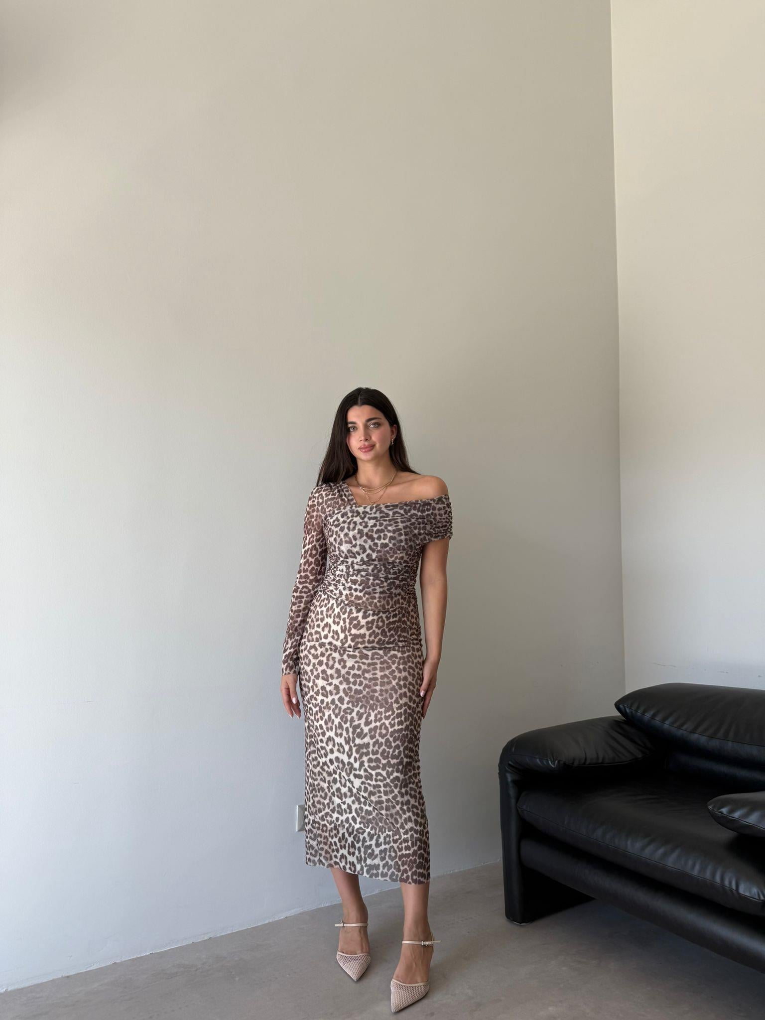 Leopar Drapeli Tek Omuz Elbise
