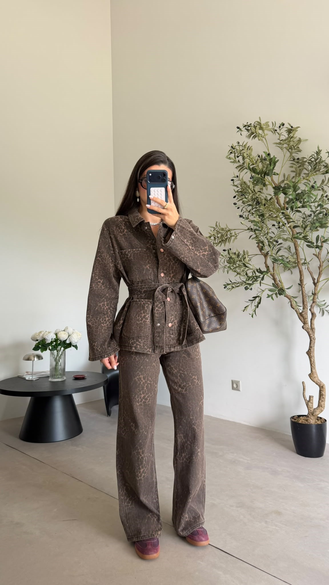 Leopar Kuşaklı Denim Takım