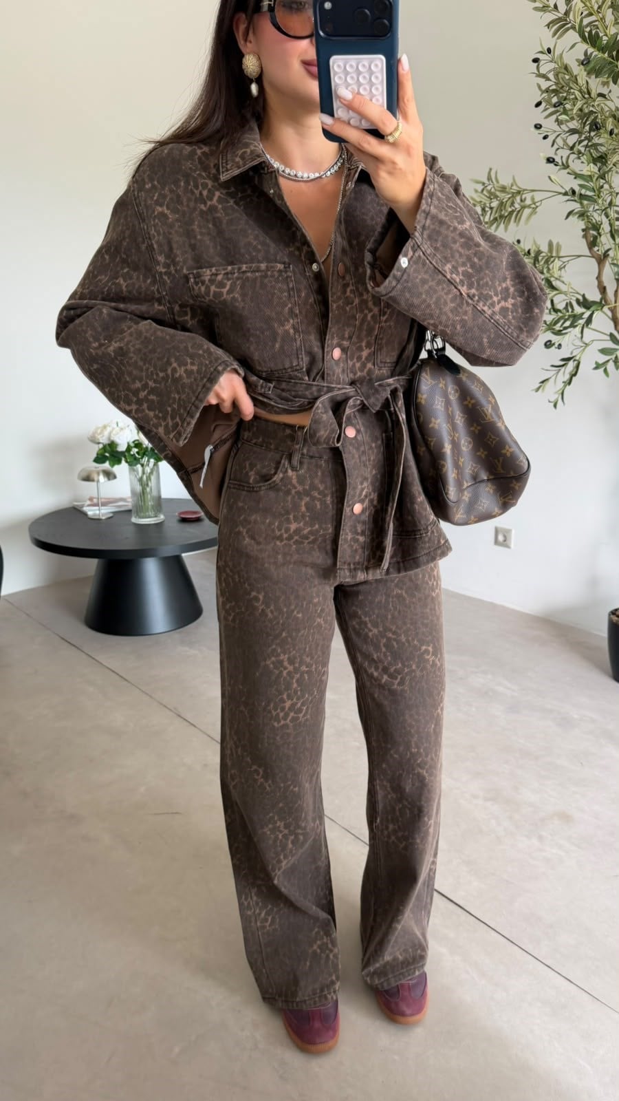 Leopar Kuşaklı Denim Takım