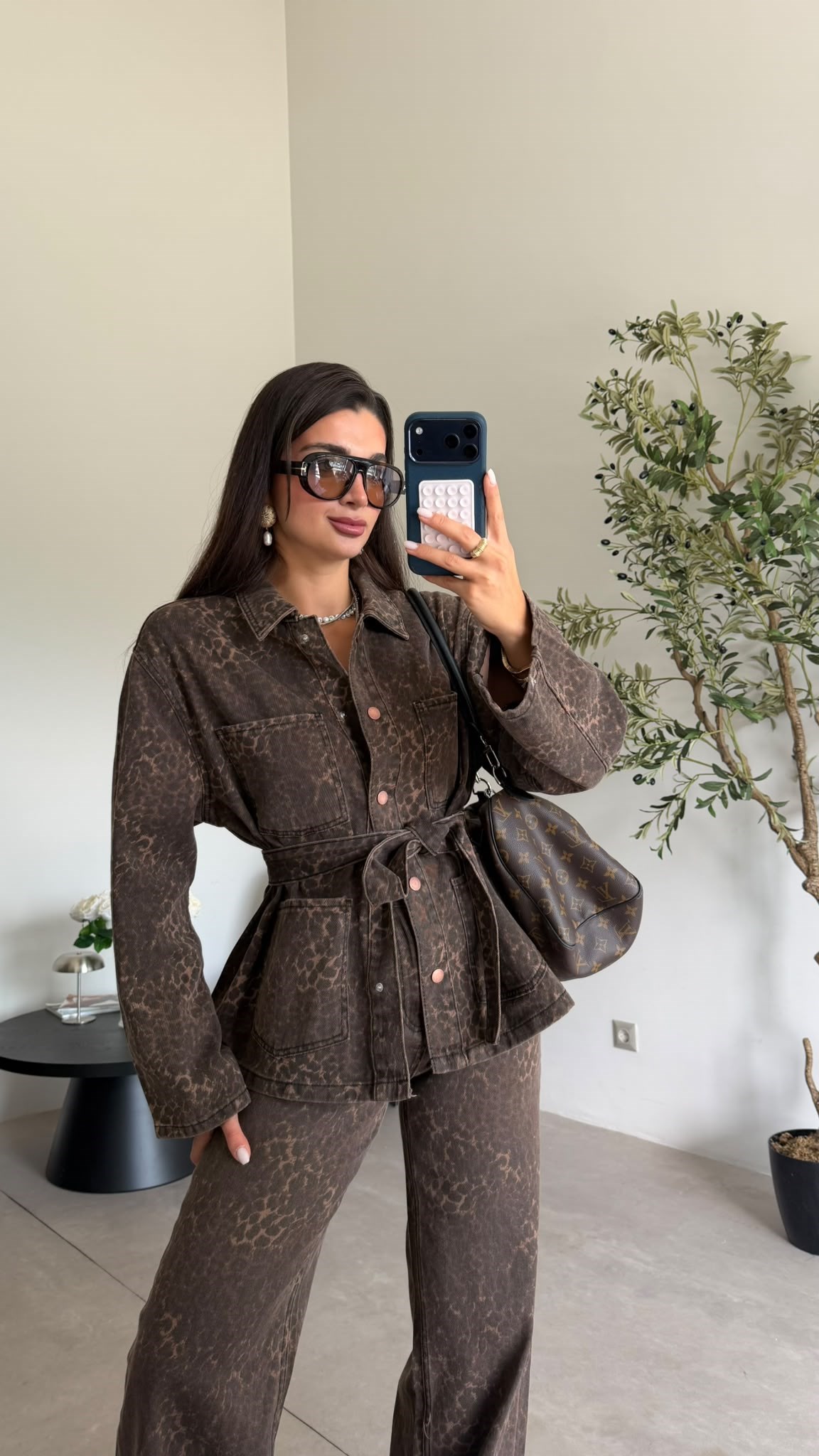 Leopar Kuşaklı Denim Takım