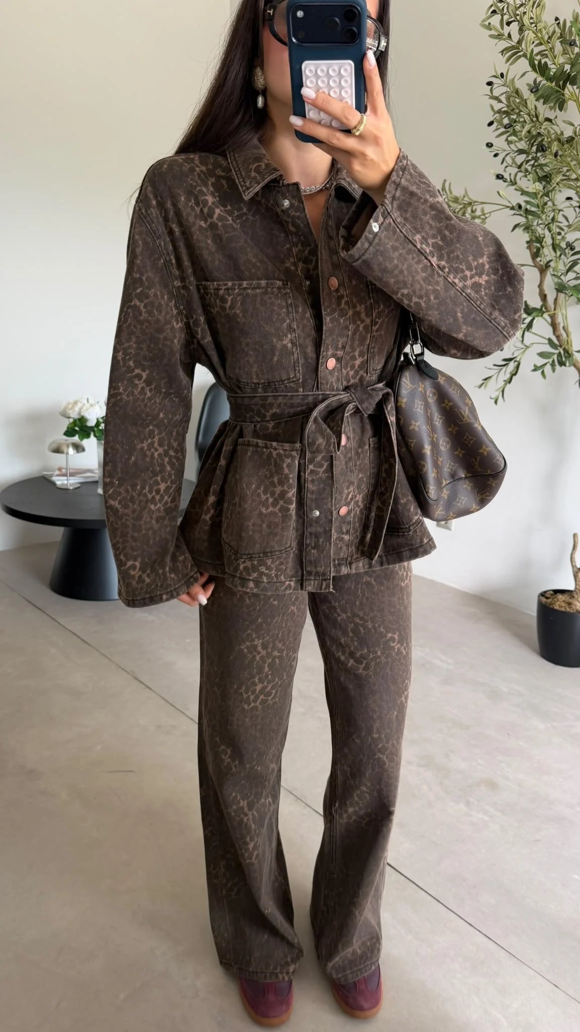 Leopar Kuşaklı Denim Takım