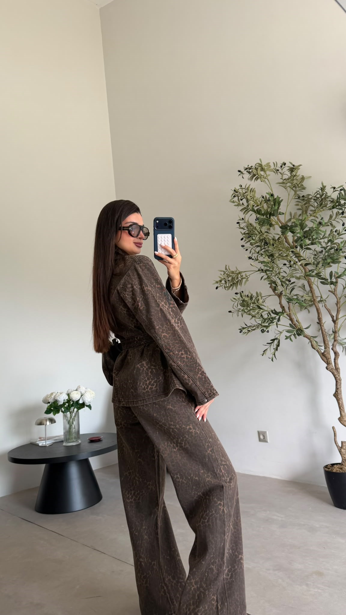 Leopar Kuşaklı Denim Takım