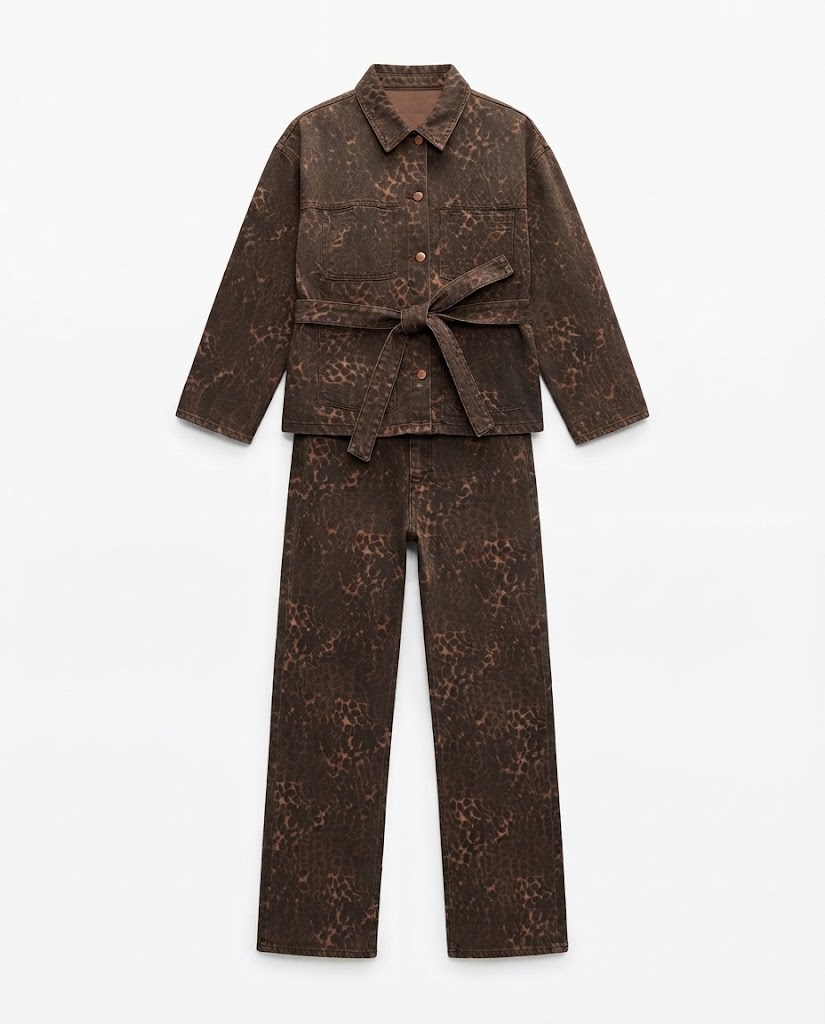 Leopar Kuşaklı Denim Takım
