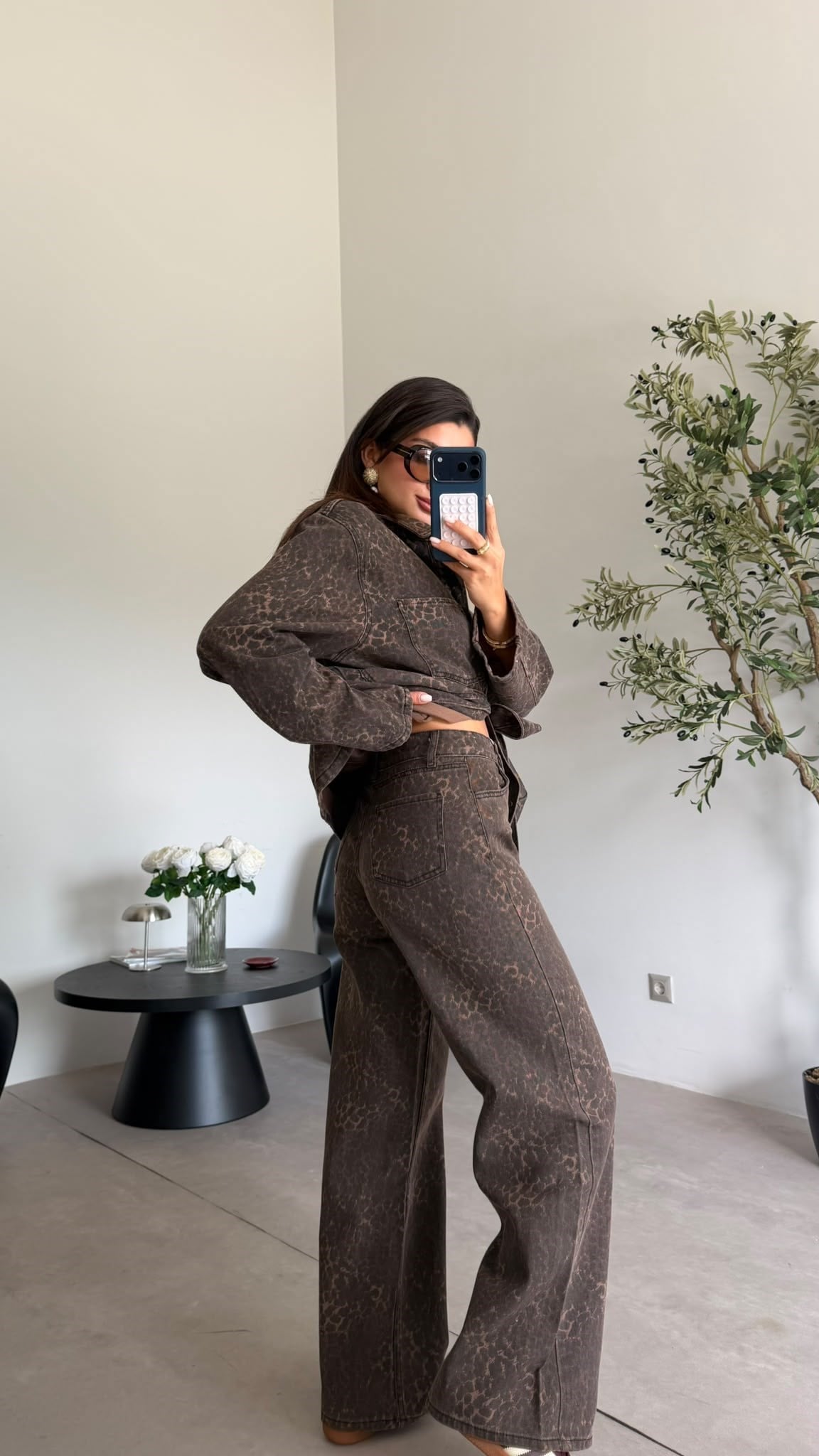 Leopar Kuşaklı Denim Takım