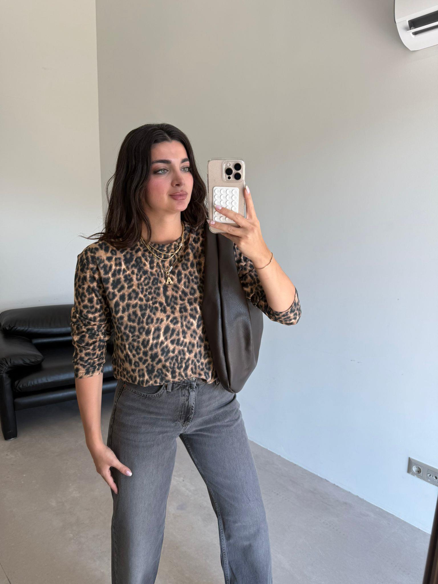 Leopar Uzun Kollu Basic Bluz