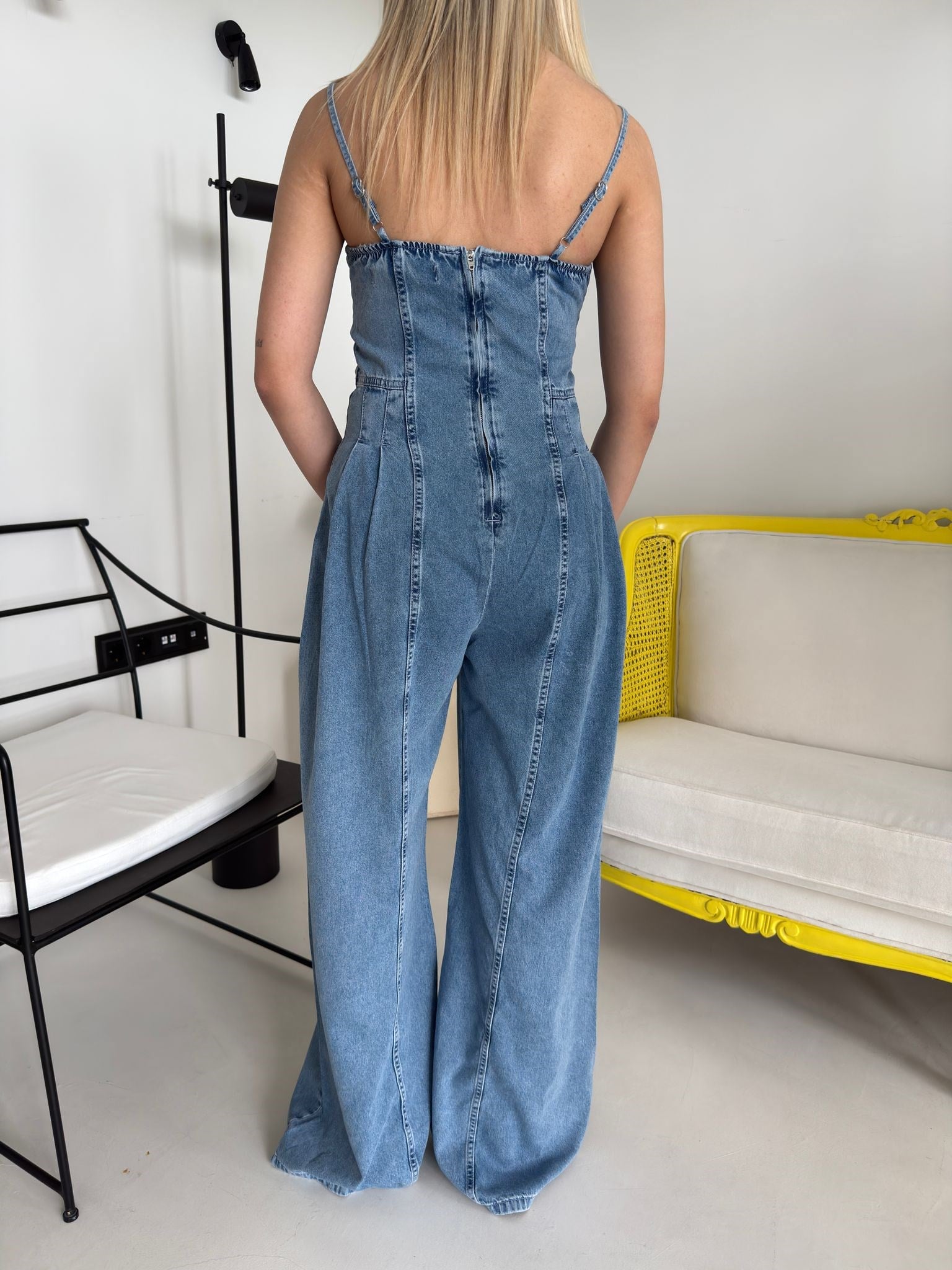 Mavi Askılı Pileli Denim Tulum