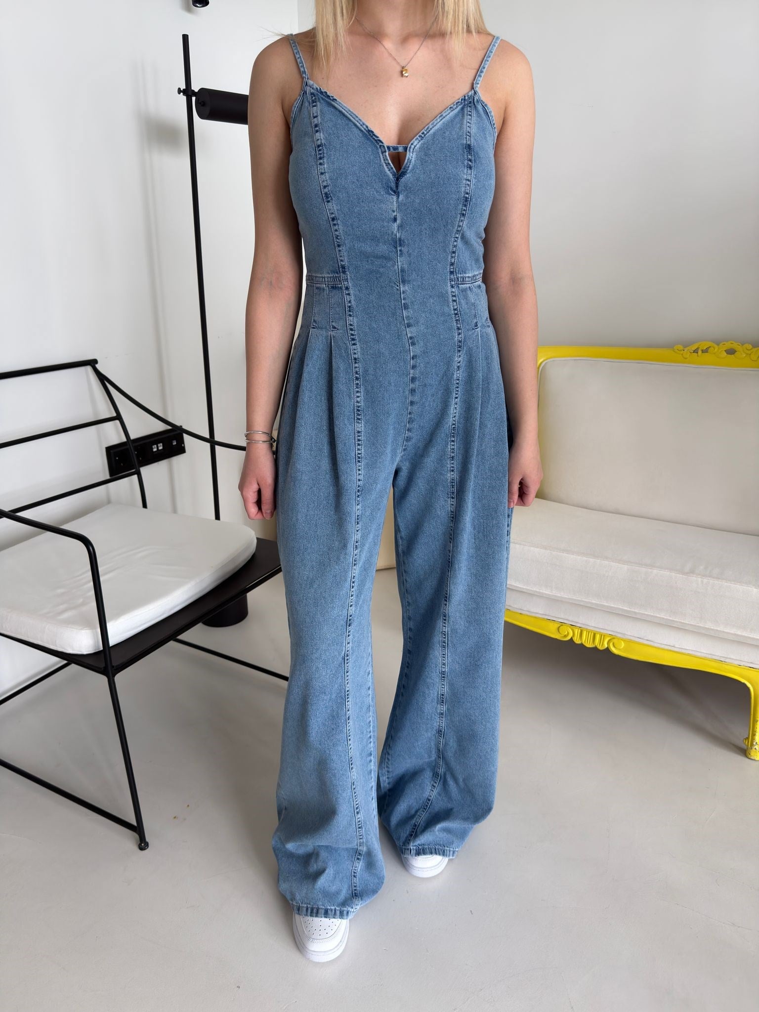 Mavi Askılı Pileli Denim Tulum