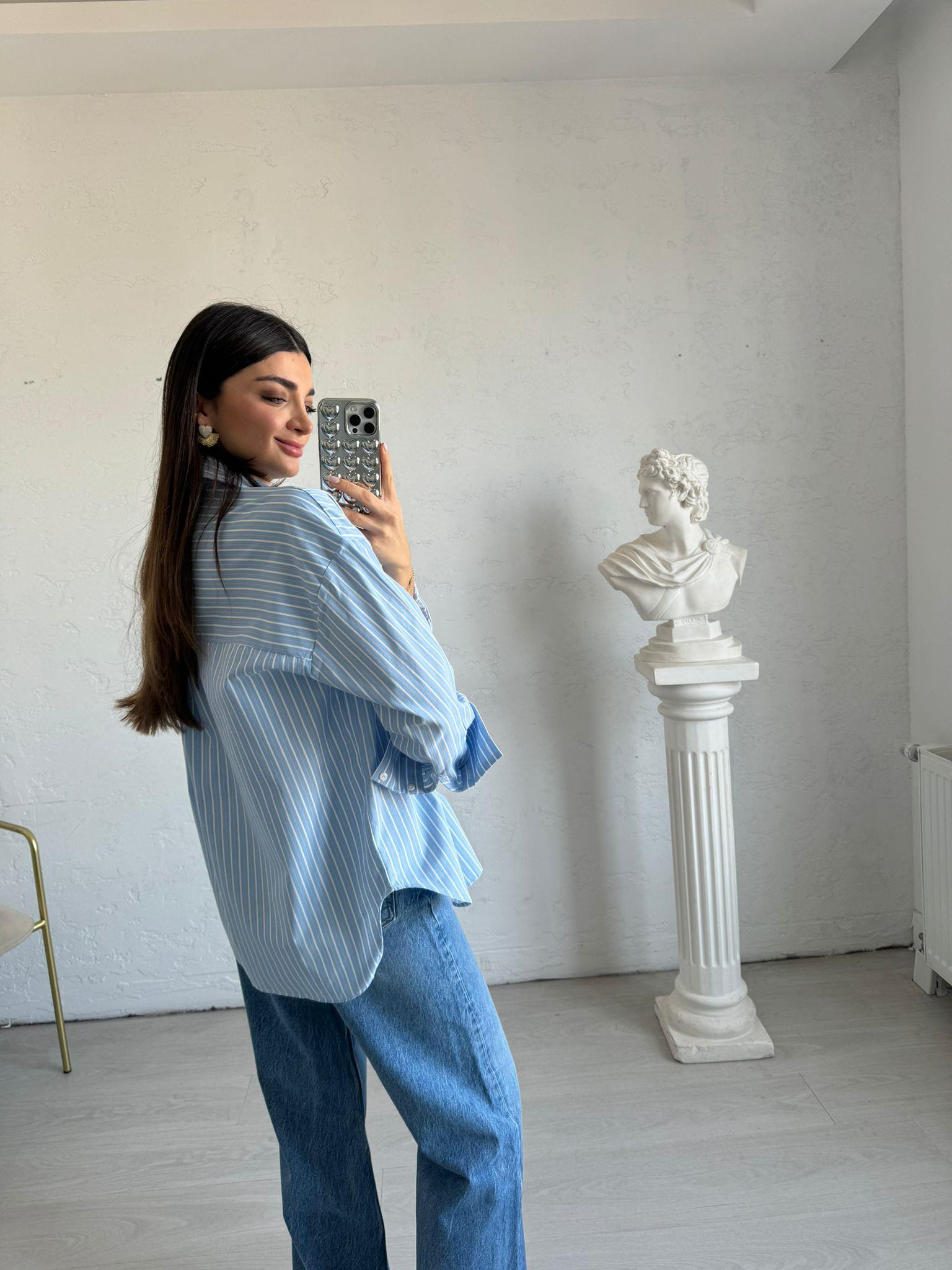 Mavi Çizgili Oversize Candy Gömlek