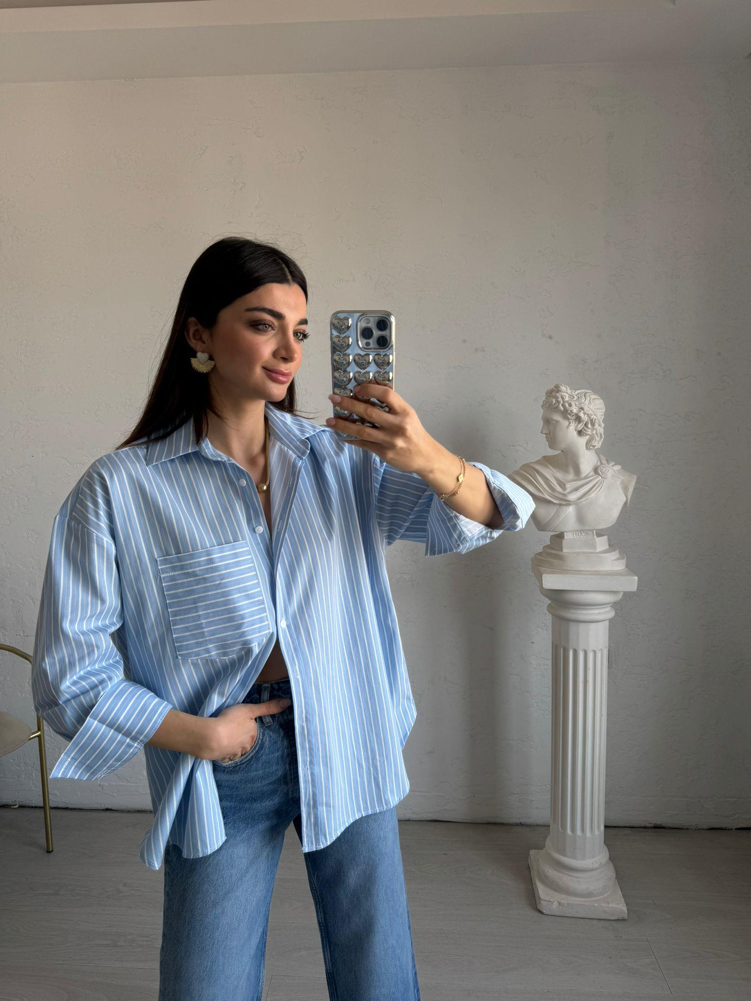Mavi Çizgili Oversize Candy Gömlek