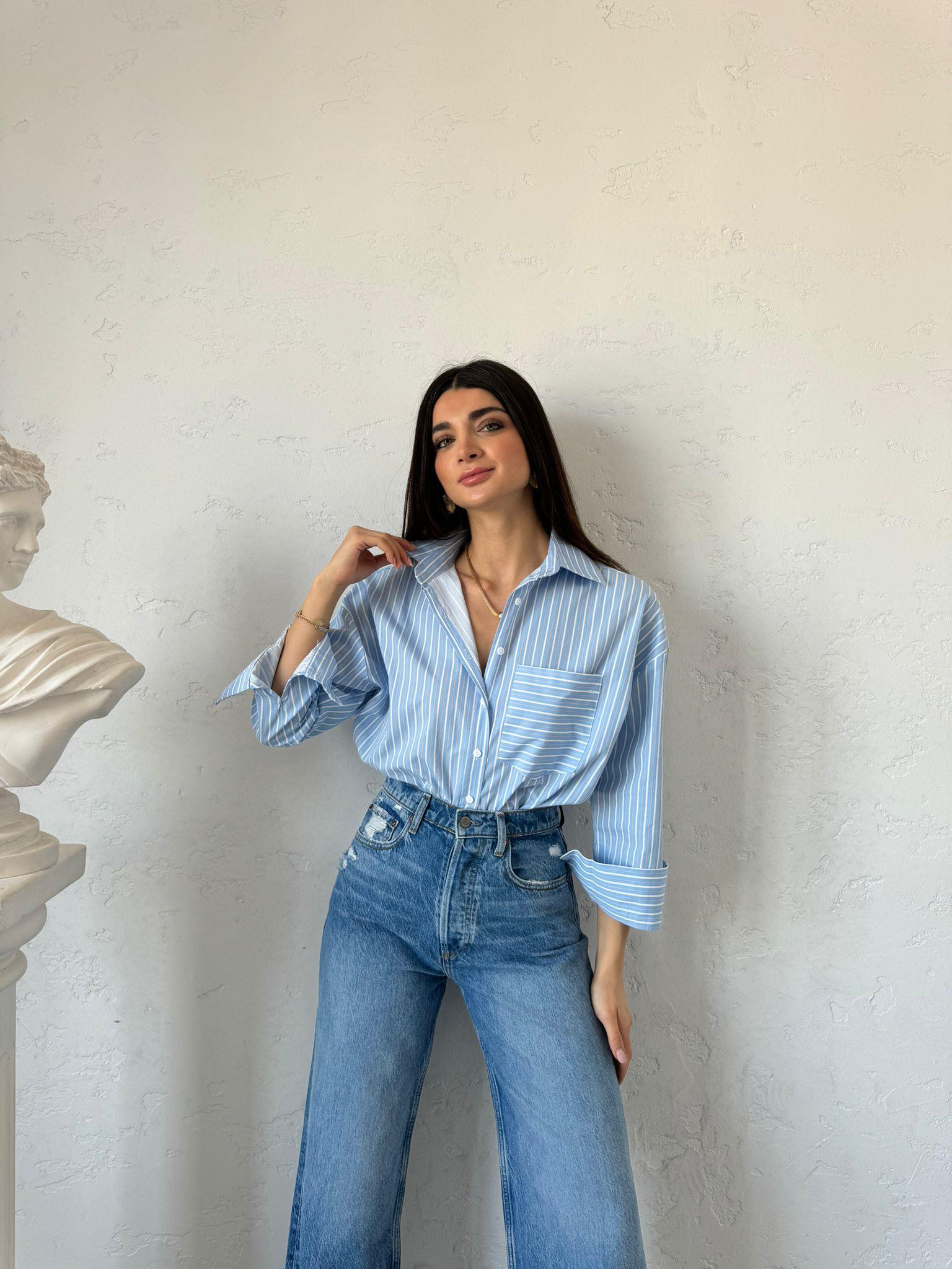 Mavi Çizgili Oversize Candy Gömlek