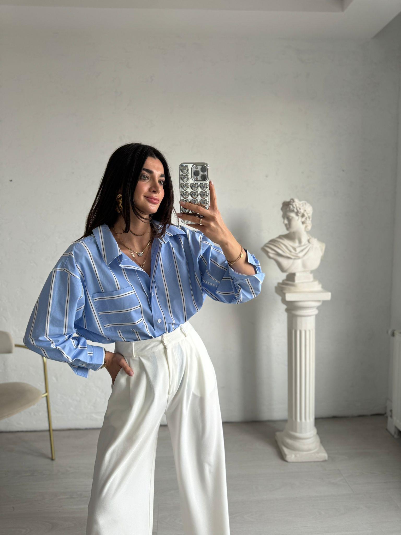 Mavi Çizgili Oversize Gömlek