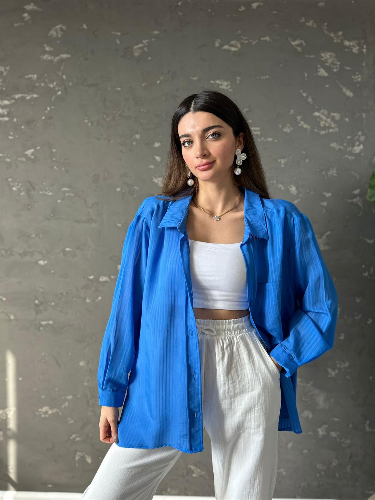 Mavi Çizgili Oversize Mila Gömlek