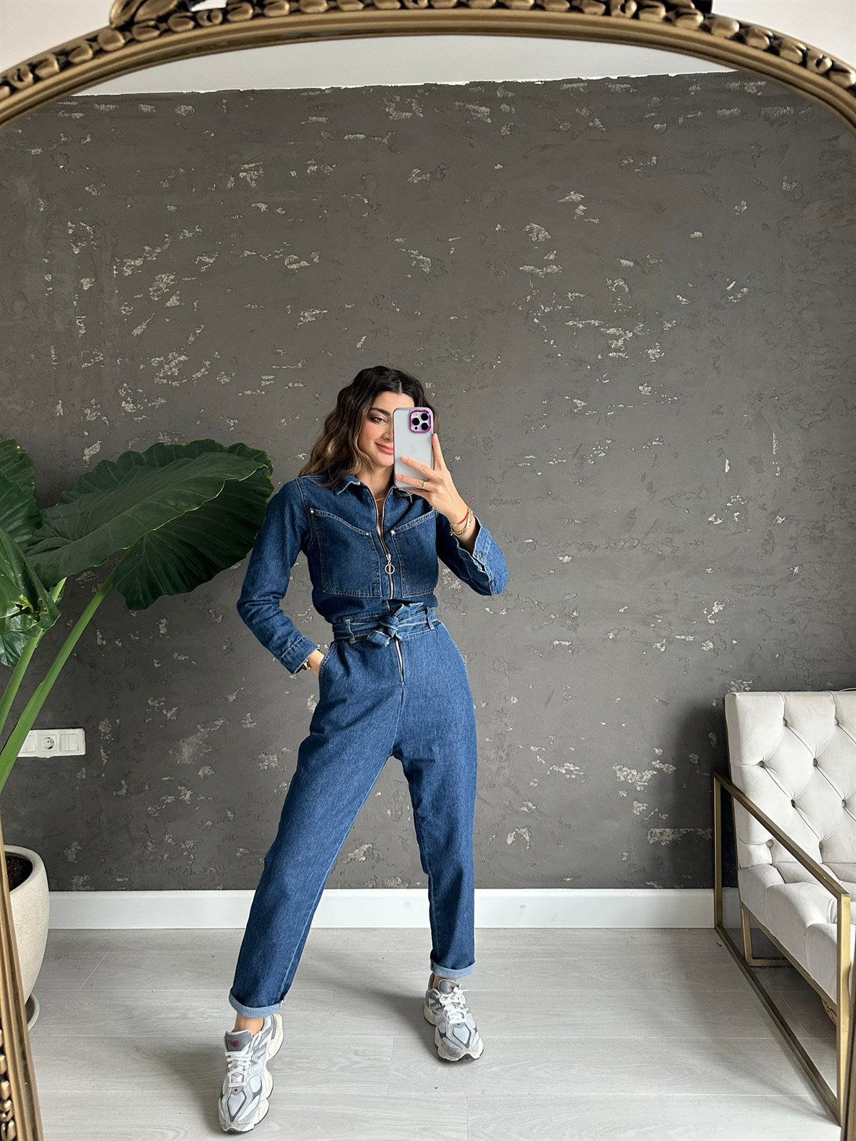 Mavi Fermuar Detaylı Kot Tulum