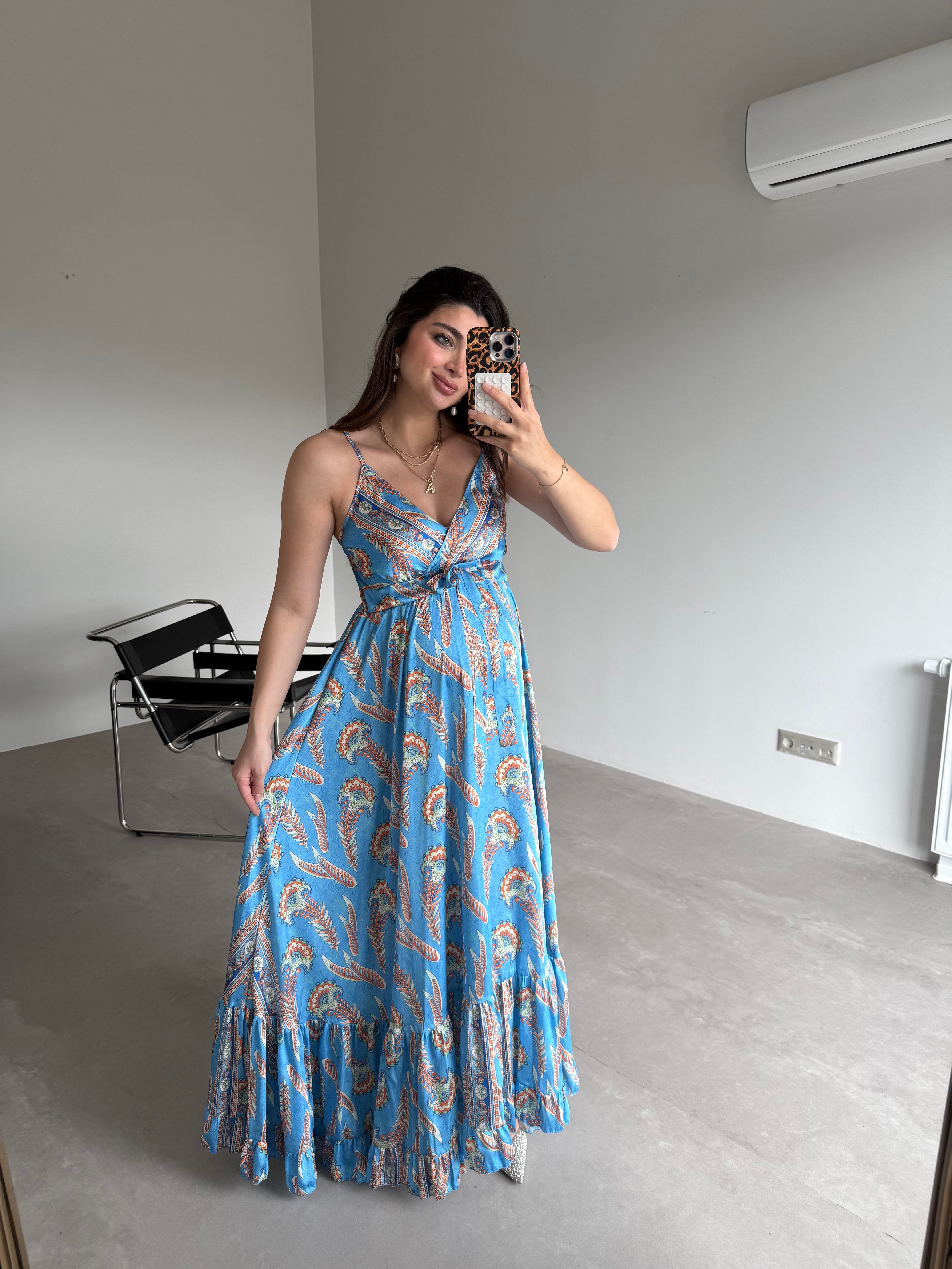 Mavi Kendinden Desenli Alaçatı Elbise