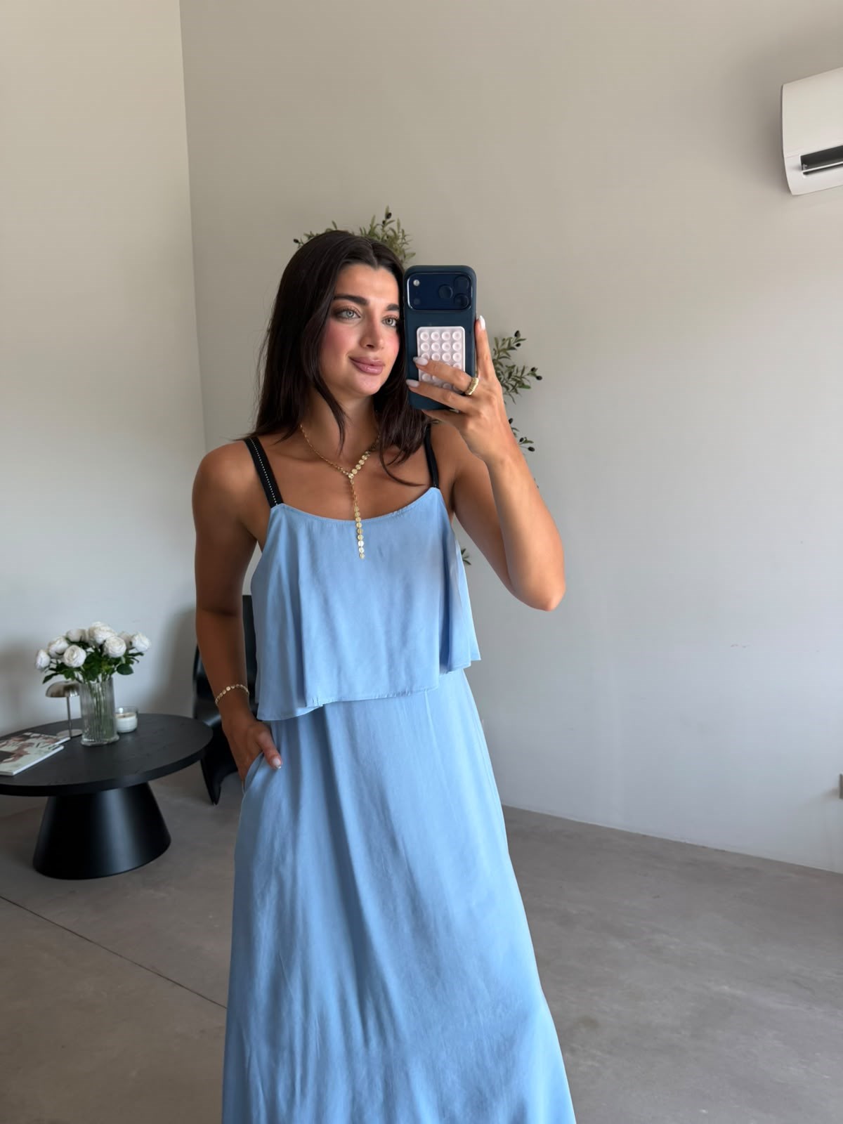 Mavi Şeritli Askılı Tensel Elbise